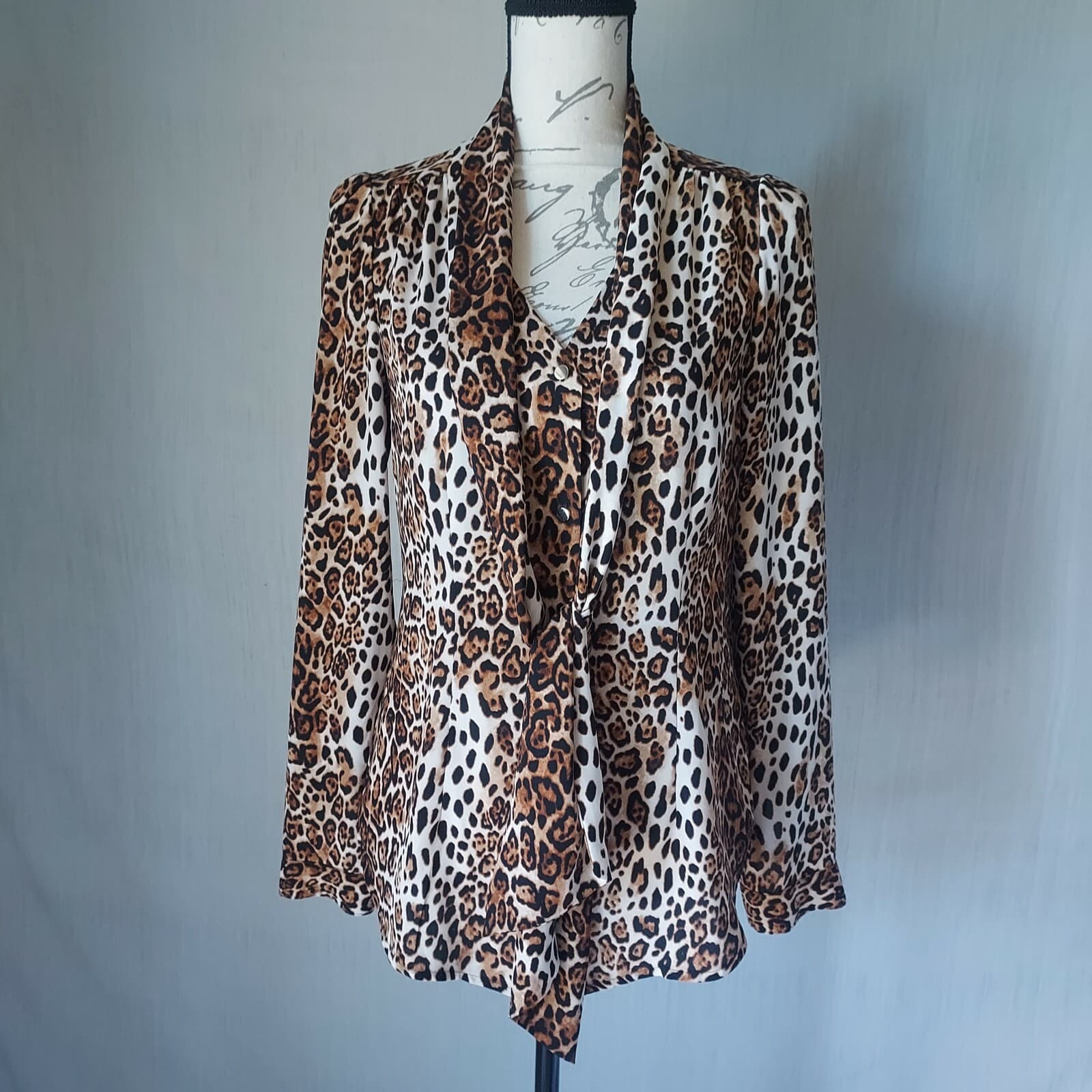 White House Black Market Leopard Tie-Neck Shirt Button Long Sleeve Brown Women 2 - Thumbnail 2