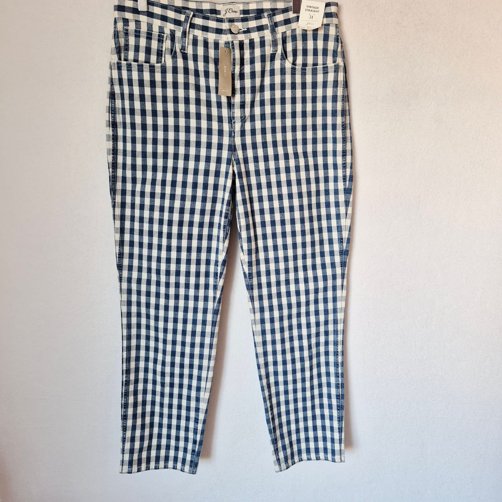 NWT J.Crew Indigo Ivory Gingham Vintage Straight Jeans High Rise Sz.31 #AJ488 - Thumbnail 3