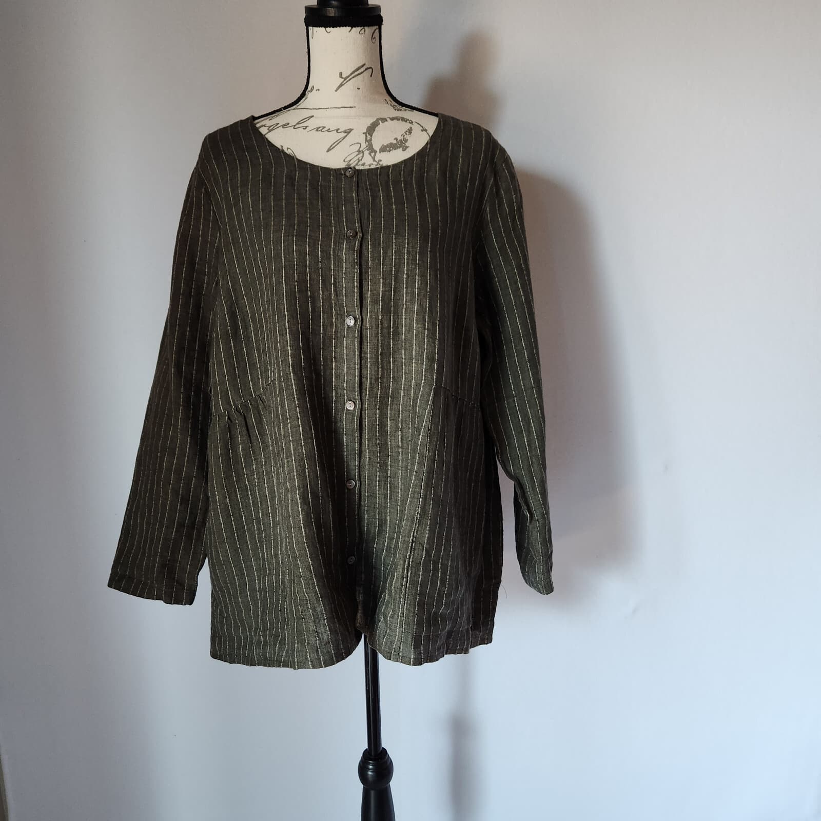Pure Jill Linen Pin-Stripe Tunic Top Long Sleeve Button Pocket Green Bust 48" XL - Thumbnail 2