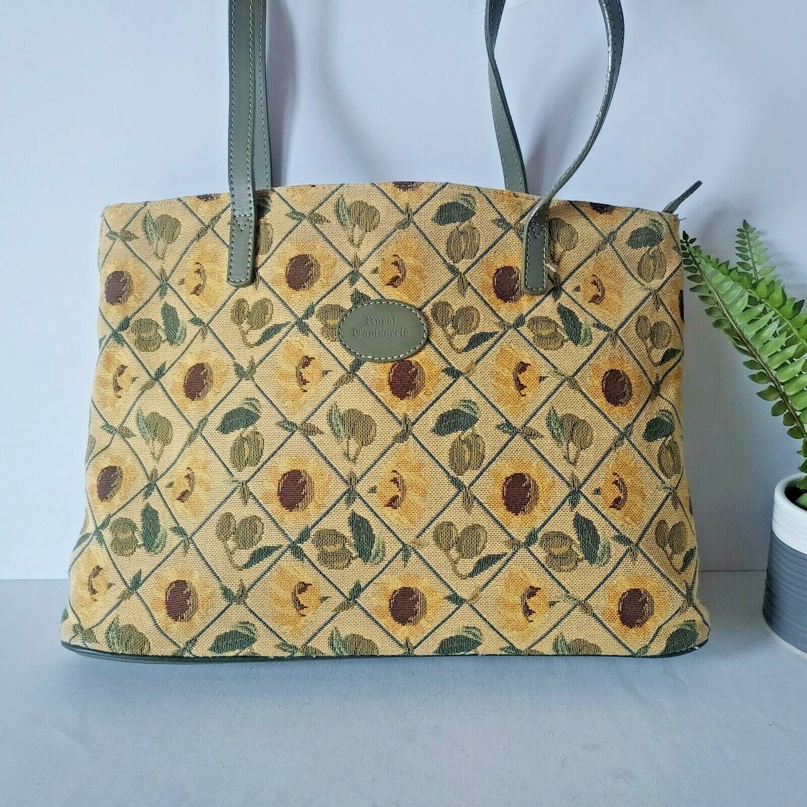 Royal Tapisserie Tapestry Sunflower Sherry Tote Shoulder Bag Zip Yellow Green - Thumbnail 2