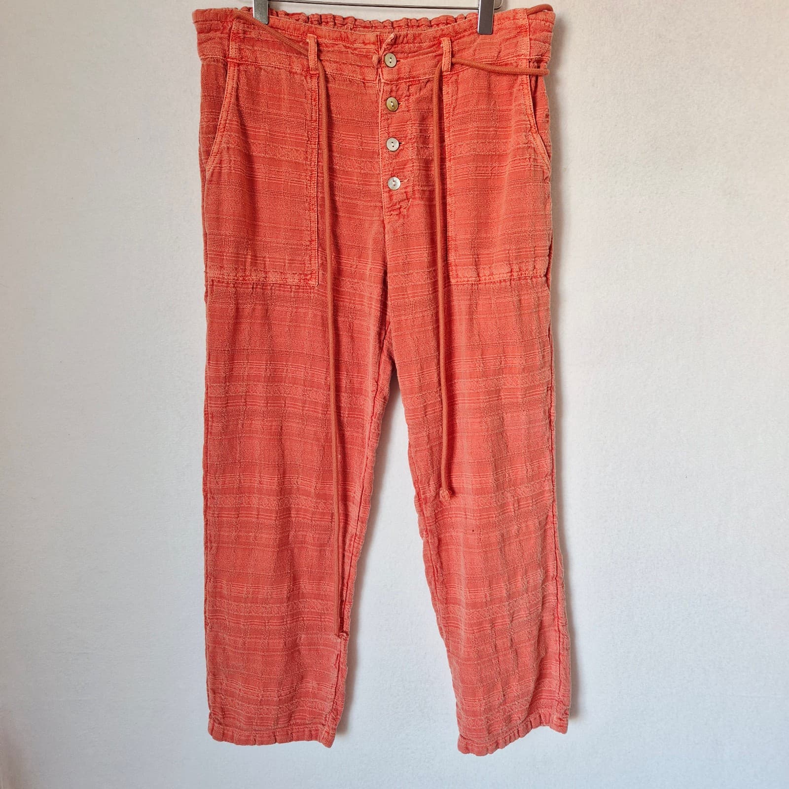 Sundance Coastline Textured Beach Pants Button-Fly Drawstring Cotton Coral Sz.M - Thumbnail 3