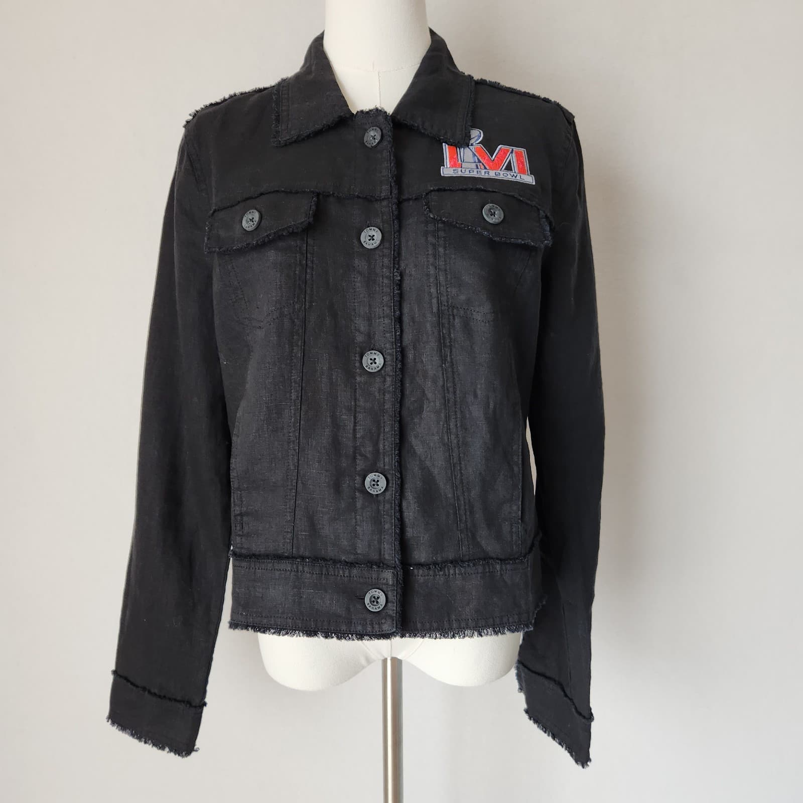 Tommy Bahama Two Palms Lagoon Live Super Bowl Linen Jacket Raw Edge Black Sz.S - Thumbnail 2