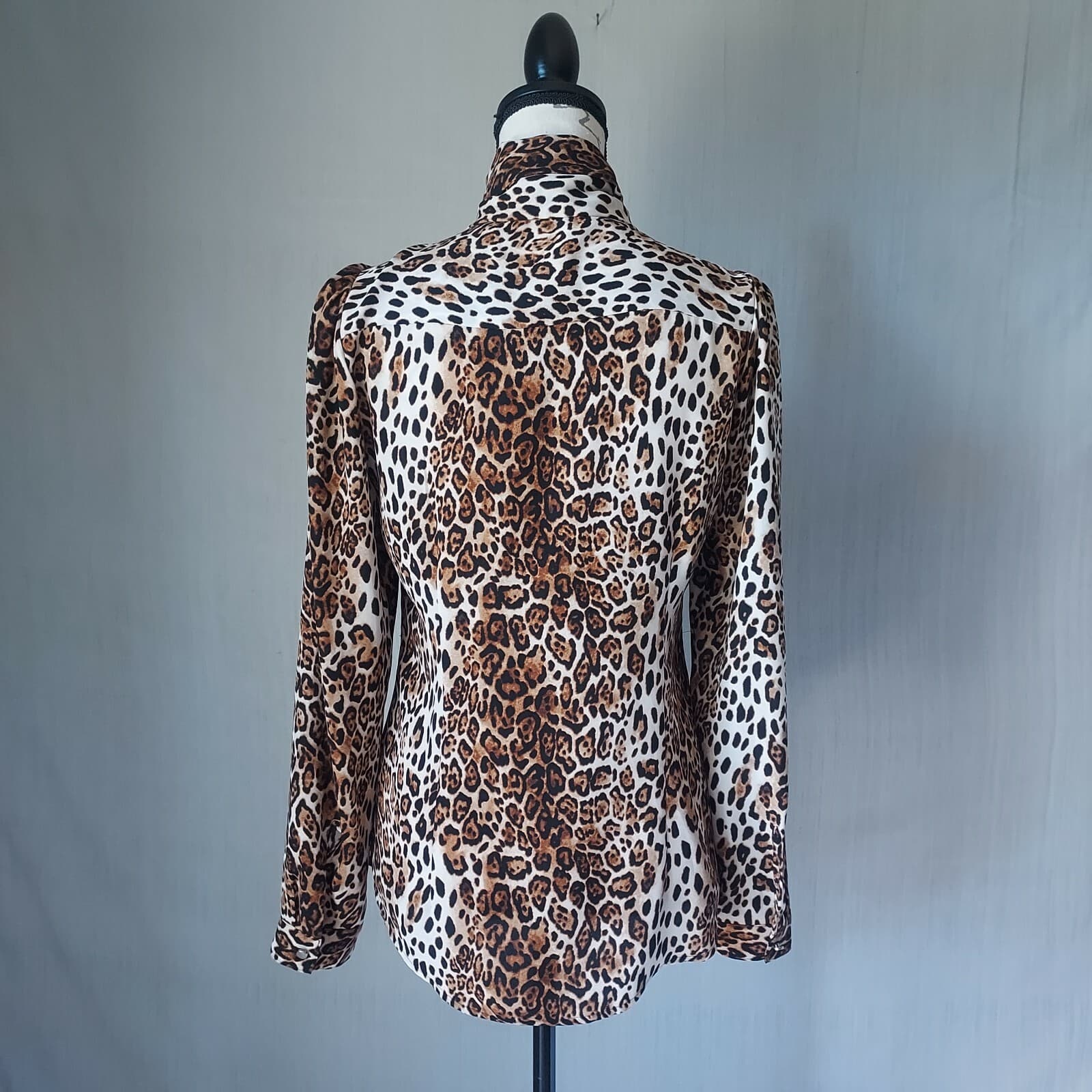 White House Black Market Leopard Tie-Neck Shirt Button Long Sleeve Brown Women 2 - Thumbnail 5