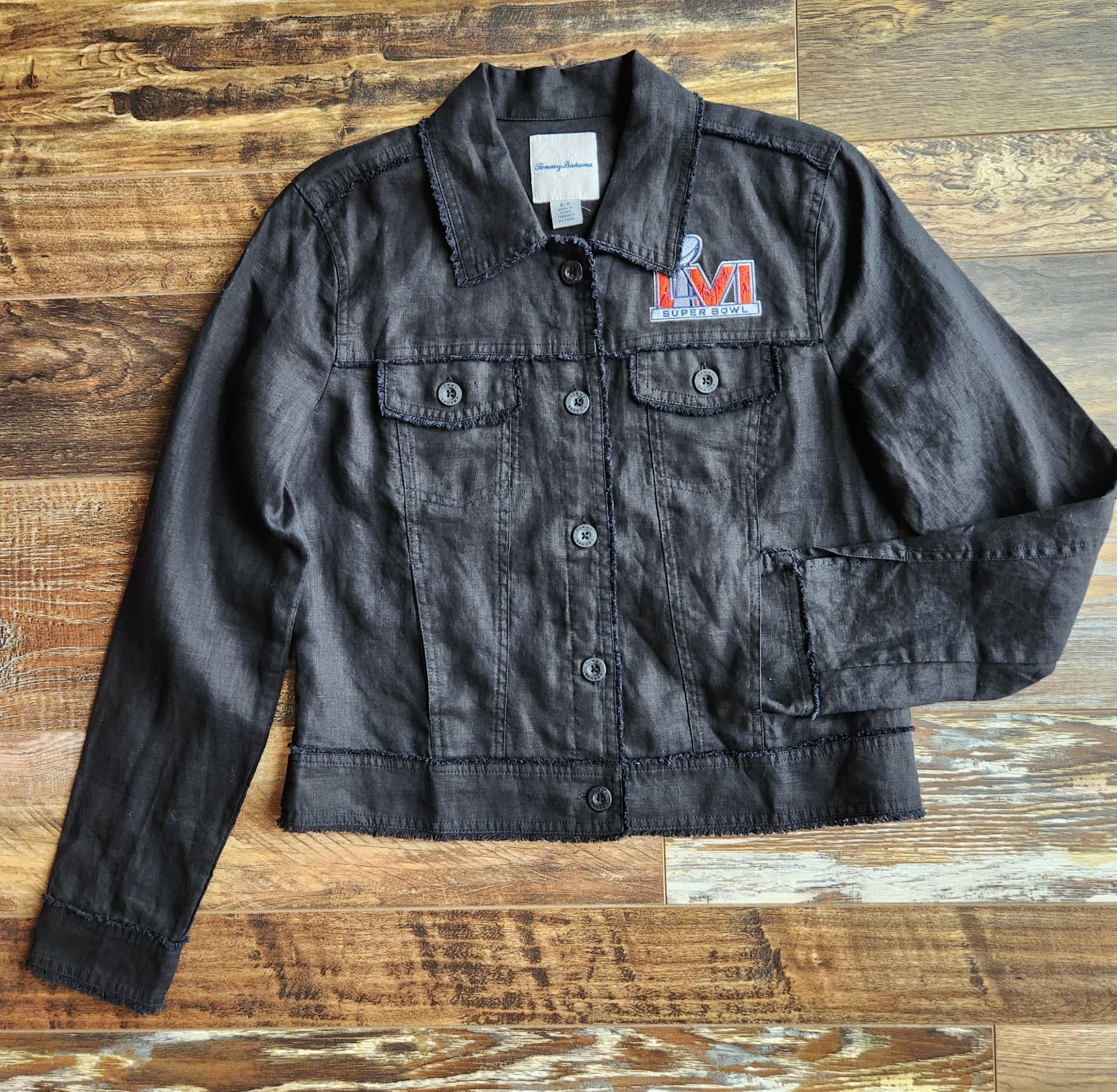 Tommy Bahama Two Palms Lagoon Live Super Bowl Linen Jacket Raw Edge Black Sz.S - Thumbnail 3