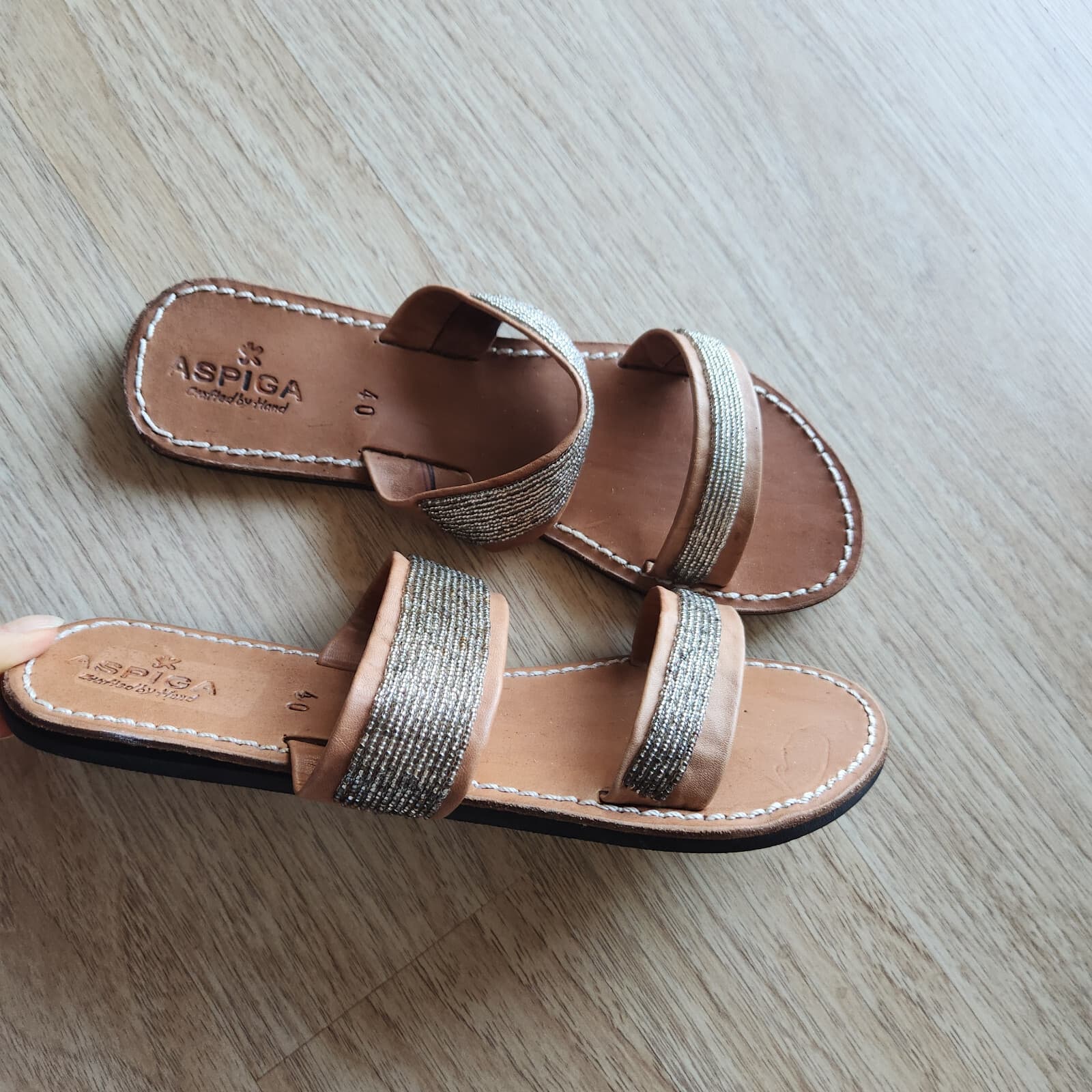 Aspiga Crafted by Hand Leather Beaded Slid Sandals Open-Toe Strap Brown EU40 - Thumbnail 2