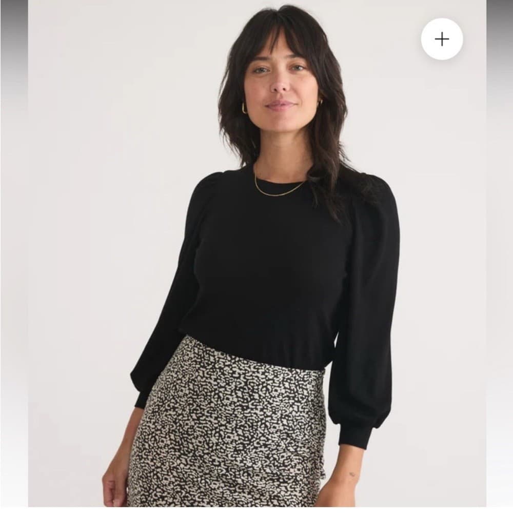 Marine Layer Lexi Ribbed Puff-Sleeve Top Crew Neck Tencel Blend Black Women's M - Thumbnail 4