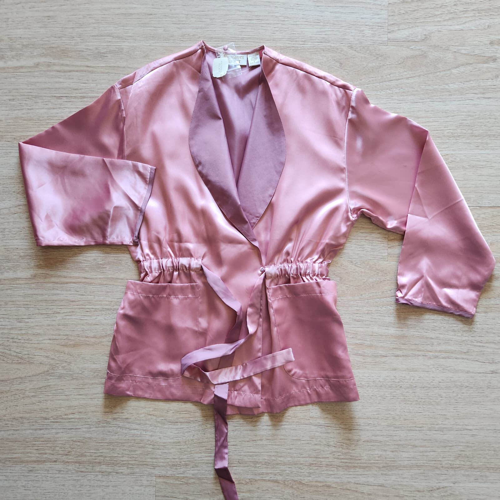 Vintage NWT Victoria's Secret Gold Label Satin Collared Robe Tie-Waist Pink Sz.P - Thumbnail 2