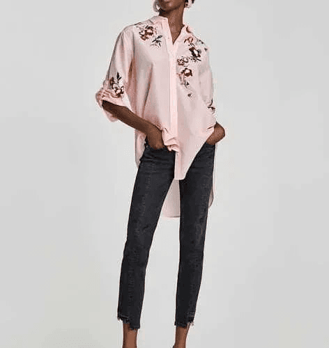 Zara Floral Embroidered Hi-Low Tunnic Button-Up Shirt Roll Tap Sleeve Pink Sz.XS - Thumbnail 3