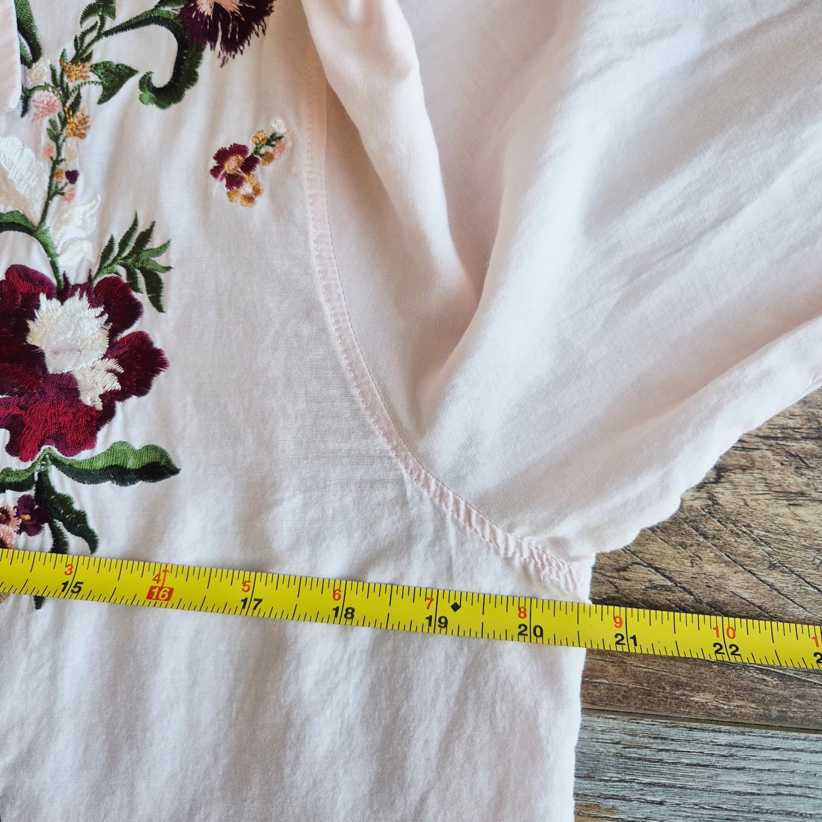 Zara Floral Embroidered Hi-Low Tunnic Button-Up Shirt Roll Tap Sleeve Pink Sz.XS - Thumbnail 15