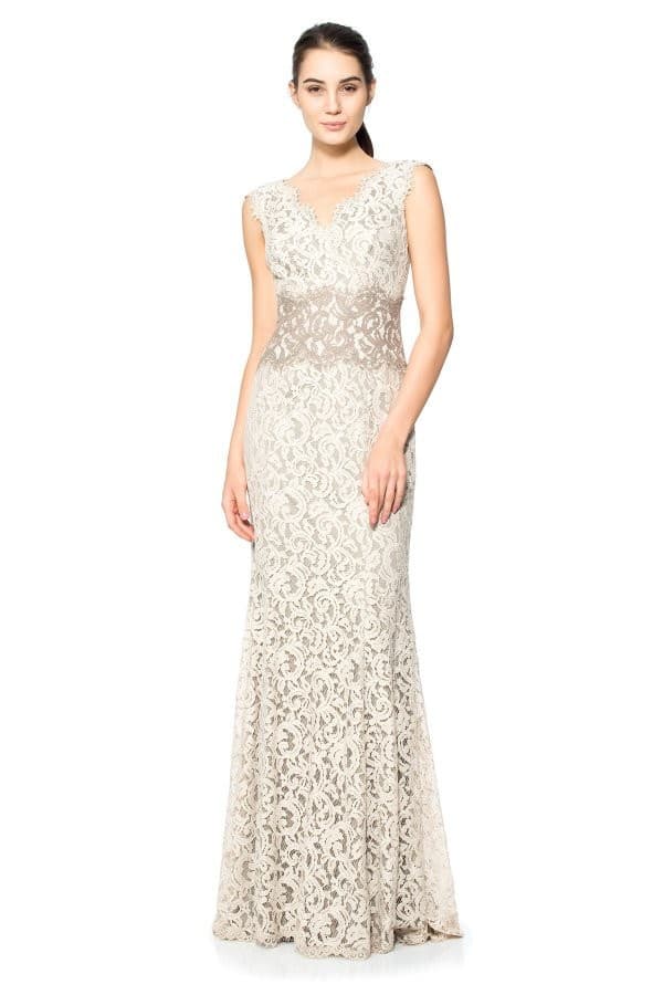 TADASHI SHOJI Embroidered Lace Formal Maxi Dress Gown Sleeveless Beige Womens 4P - Thumbnail 3