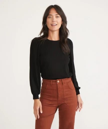 Marine Layer Lexi Ribbed Puff-Sleeve Top Crew Neck Tencel Blend Black Women's M - Thumbnail 2