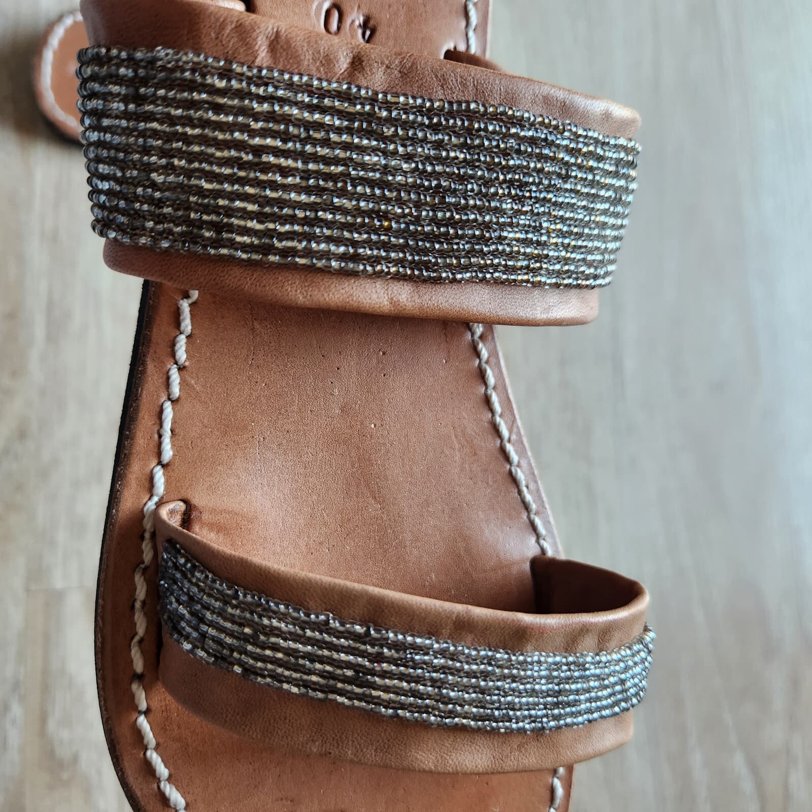 Aspiga Crafted by Hand Leather Beaded Slid Sandals Open-Toe Strap Brown EU40 - Thumbnail 3