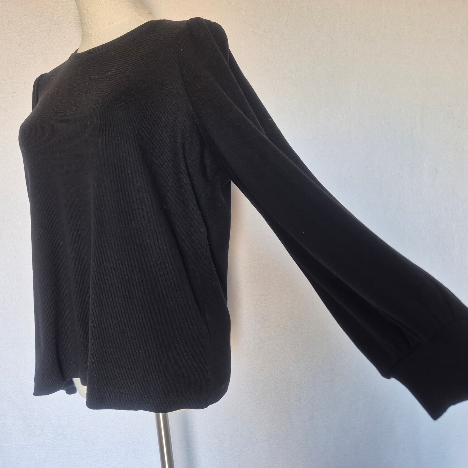 Marine Layer Lexi Ribbed Puff-Sleeve Top Crew Neck Tencel Blend Black Women's M - Thumbnail 9