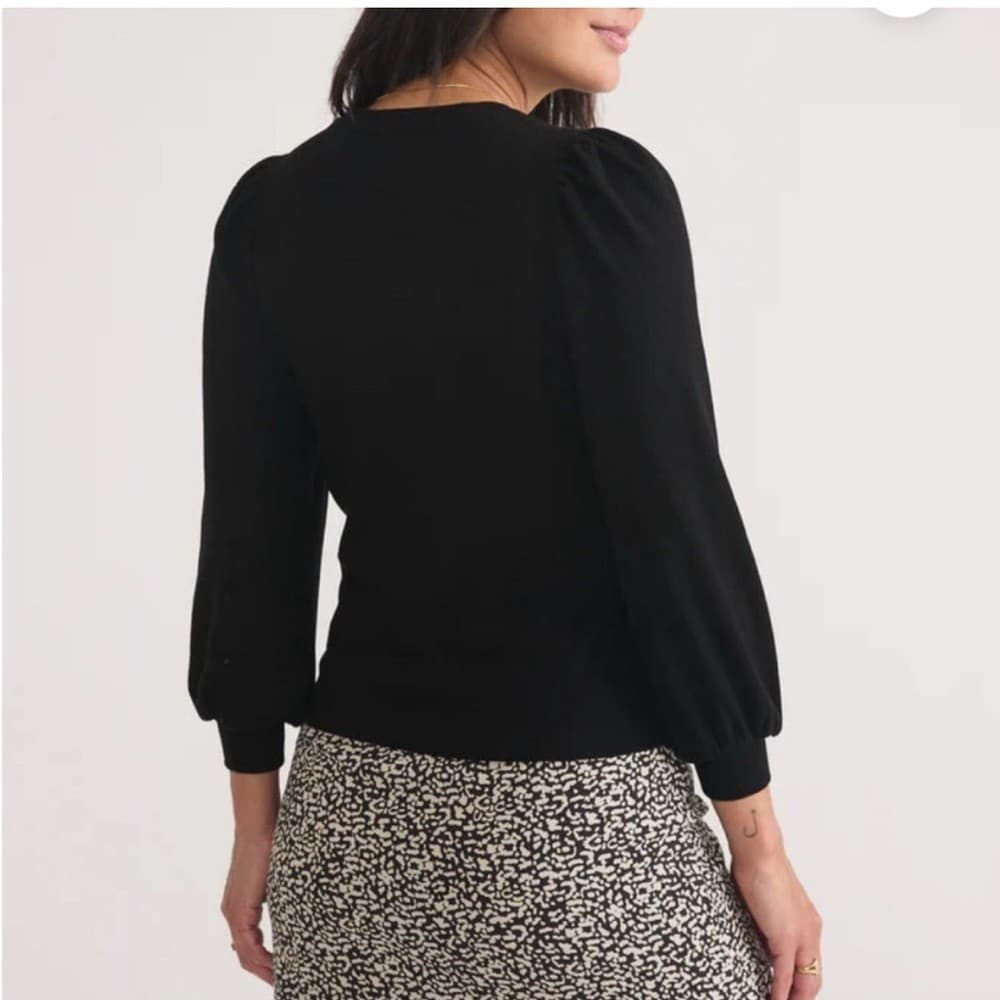 Marine Layer Lexi Ribbed Puff-Sleeve Top Crew Neck Tencel Blend Black Women's M - Thumbnail 10