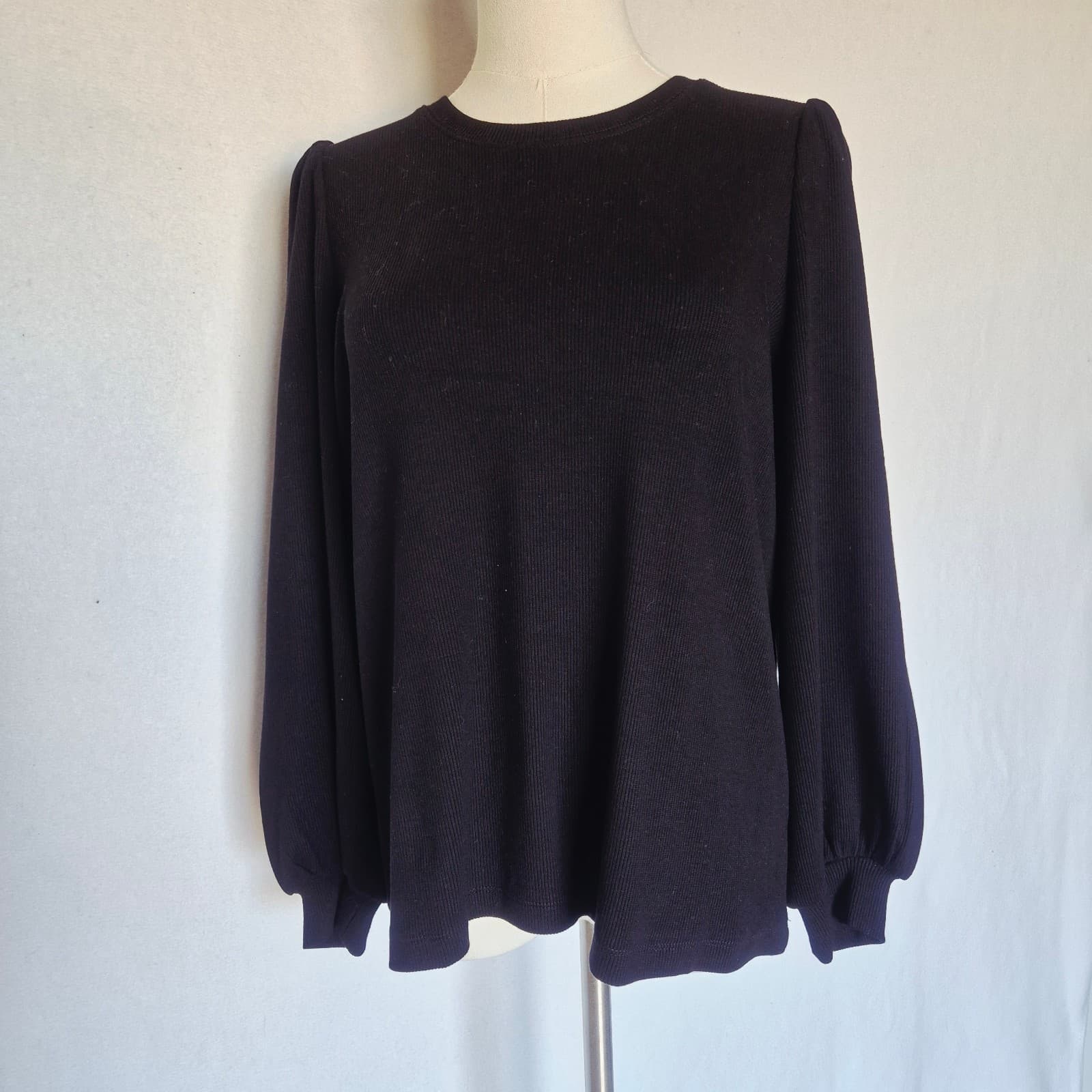 Marine Layer Lexi Ribbed Puff-Sleeve Top Crew Neck Tencel Blend Black Women's M - Thumbnail 7
