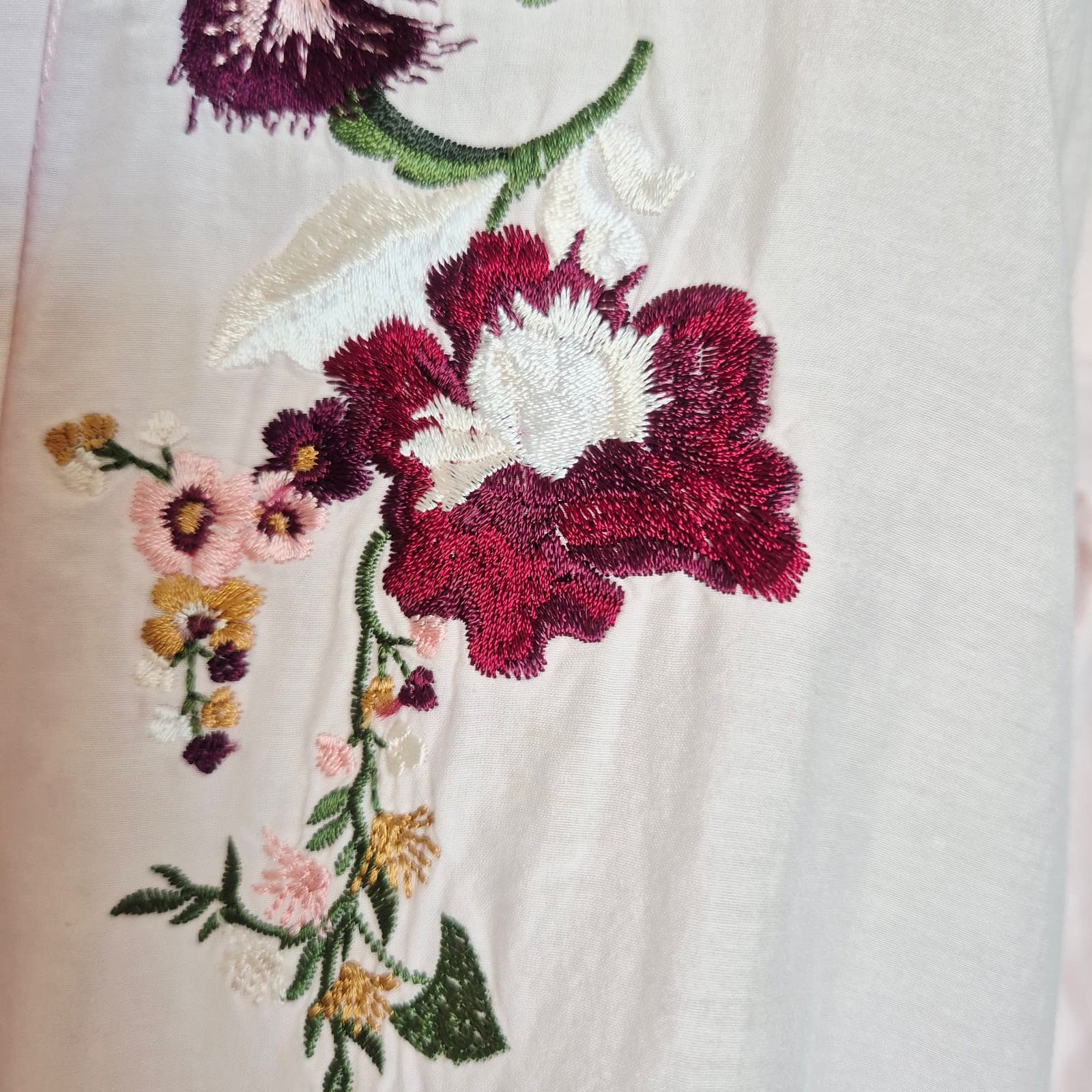 Zara Floral Embroidered Hi-Low Tunnic Button-Up Shirt Roll Tap Sleeve Pink Sz.XS - Thumbnail 6