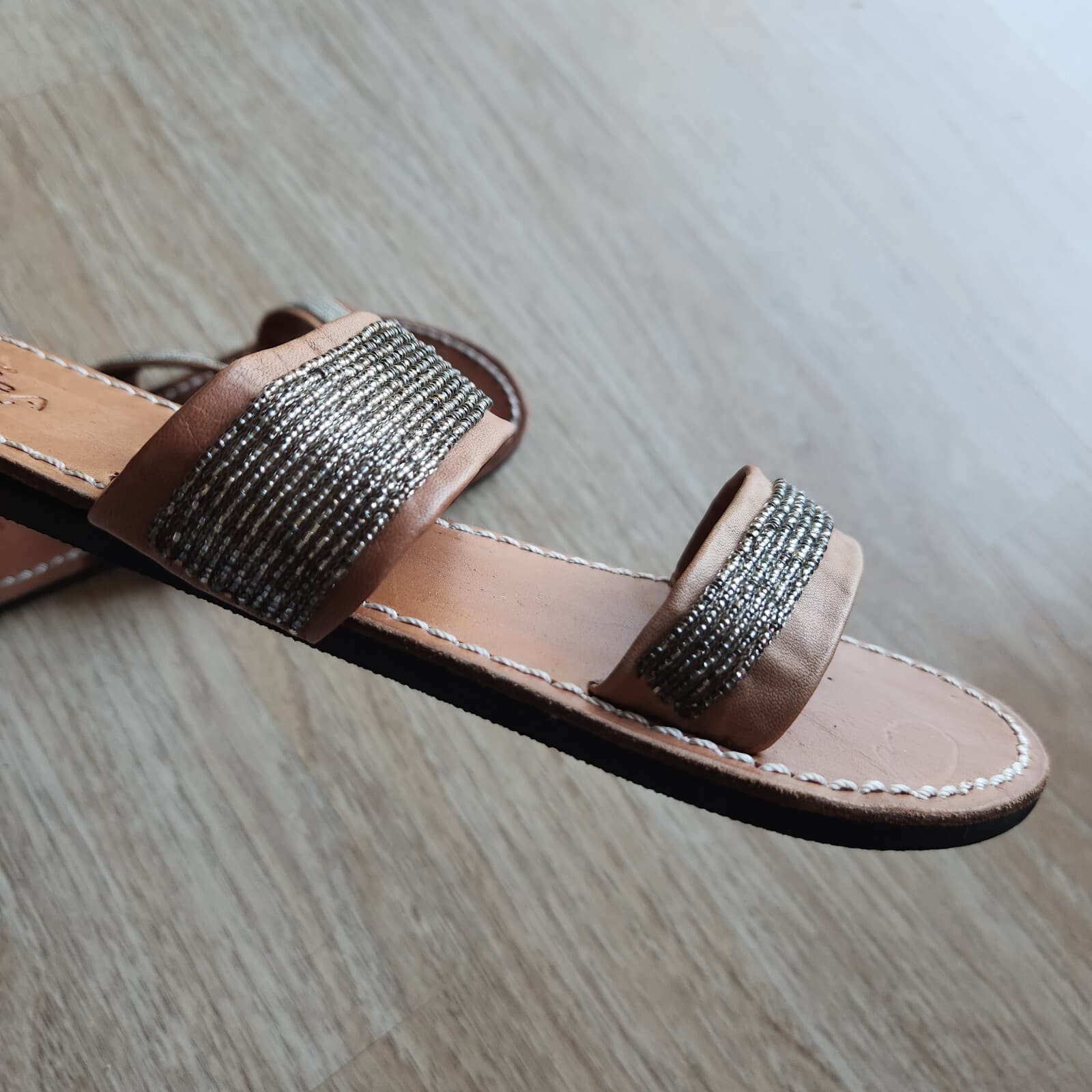 Aspiga Crafted by Hand Leather Beaded Slid Sandals Open-Toe Strap Brown EU40 - Thumbnail 4