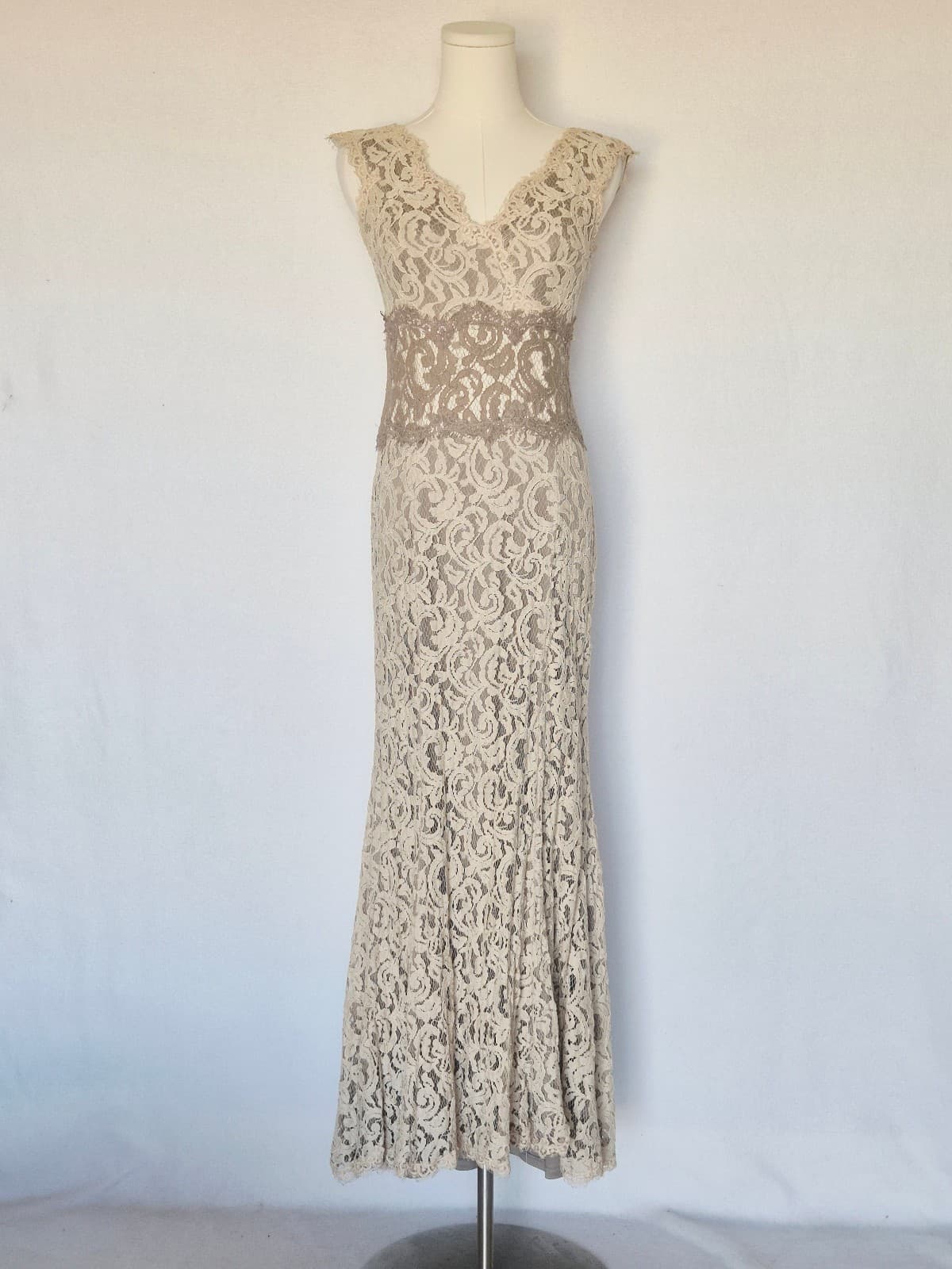 TADASHI SHOJI Embroidered Lace Formal Maxi Dress Gown Sleeveless Beige Womens 4P - Thumbnail 2