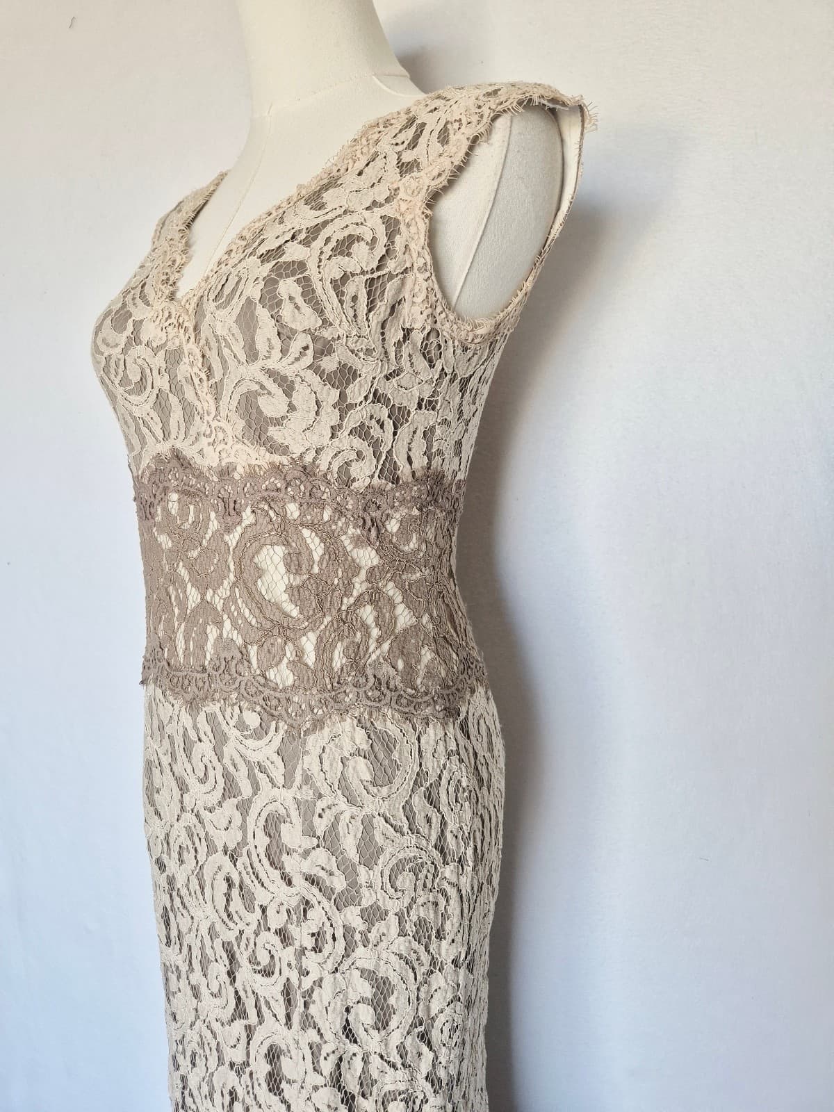 TADASHI SHOJI Embroidered Lace Formal Maxi Dress Gown Sleeveless Beige Womens 4P - Thumbnail 5