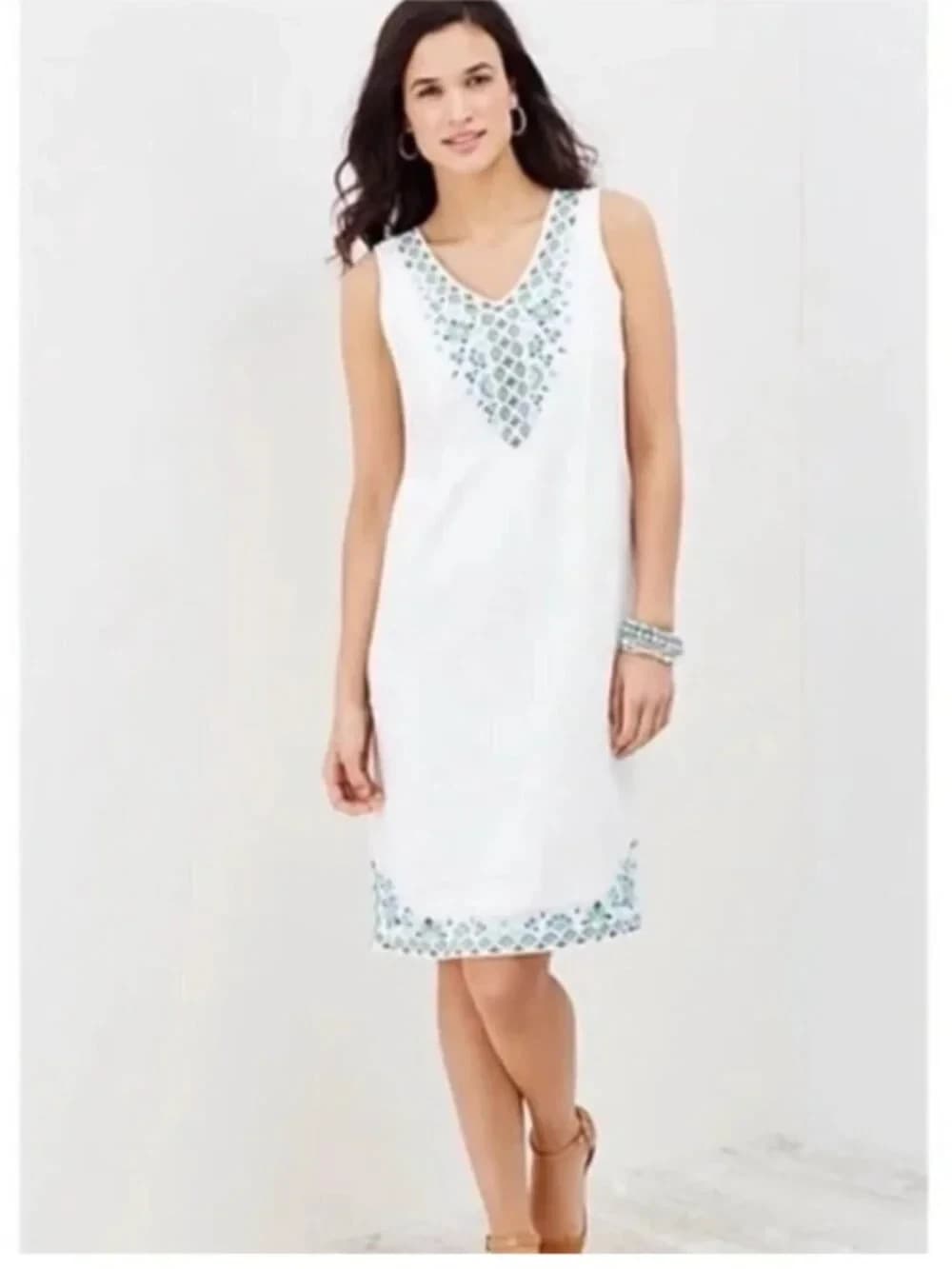 J.Jill Love Linen Embroidered Midi Shift Dress Sleeveless Lined White Women's 2X - Thumbnail 5