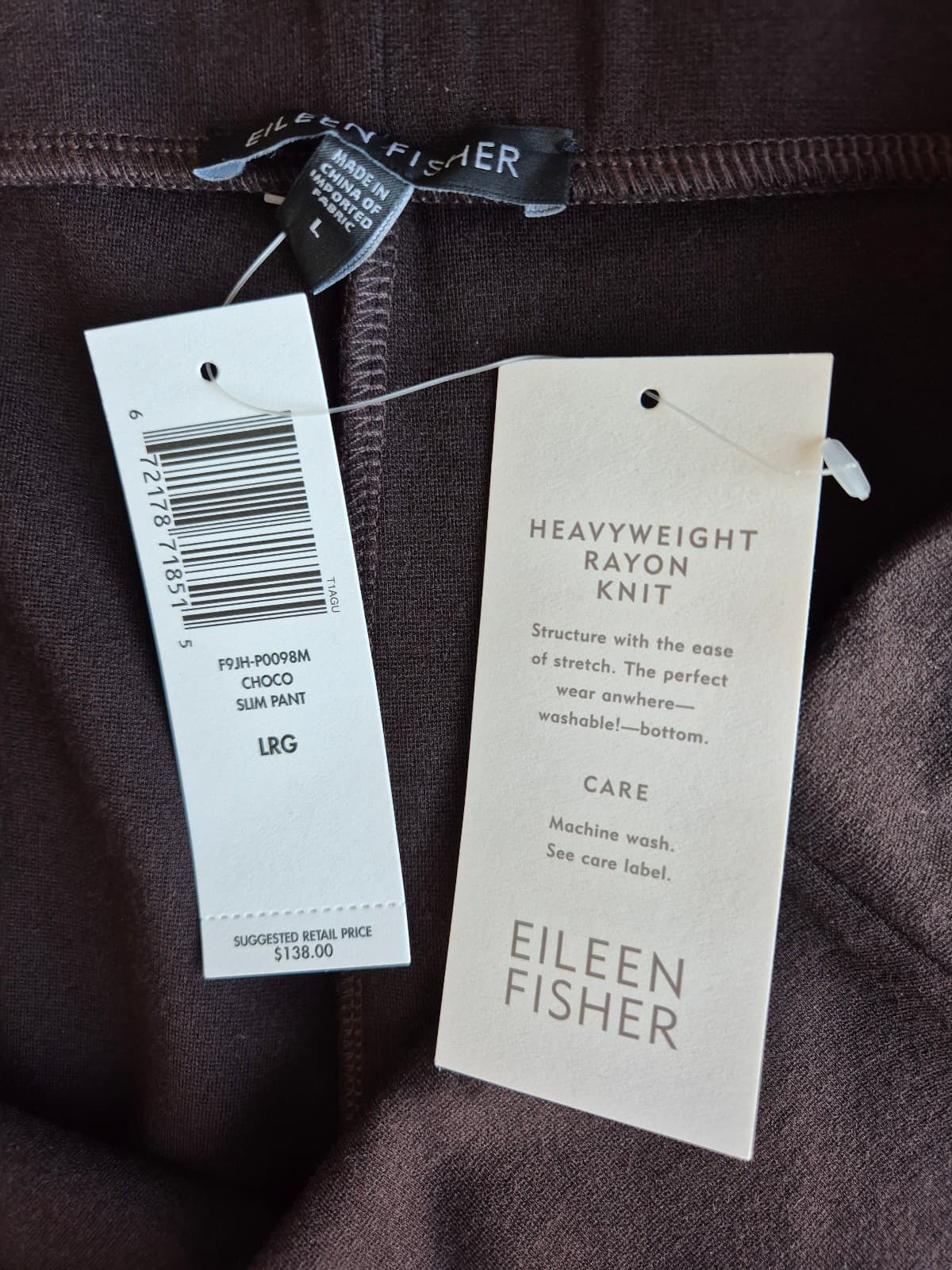 NEW EILEEN FISHER $138 Heavyweight Rayon Knit Pullon Slim Pants Brown Choco Sz.L - Thumbnail 4