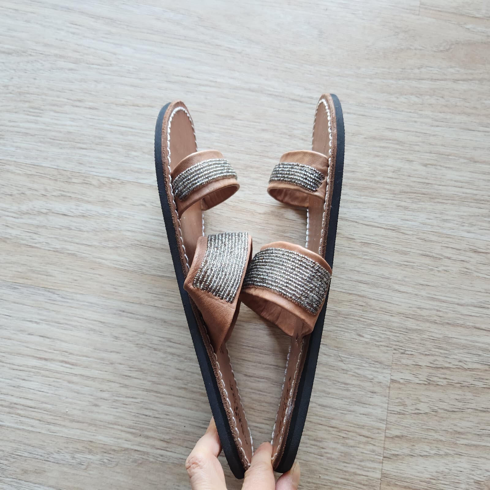 Aspiga Crafted by Hand Leather Beaded Slid Sandals Open-Toe Strap Brown EU40 - Thumbnail 5