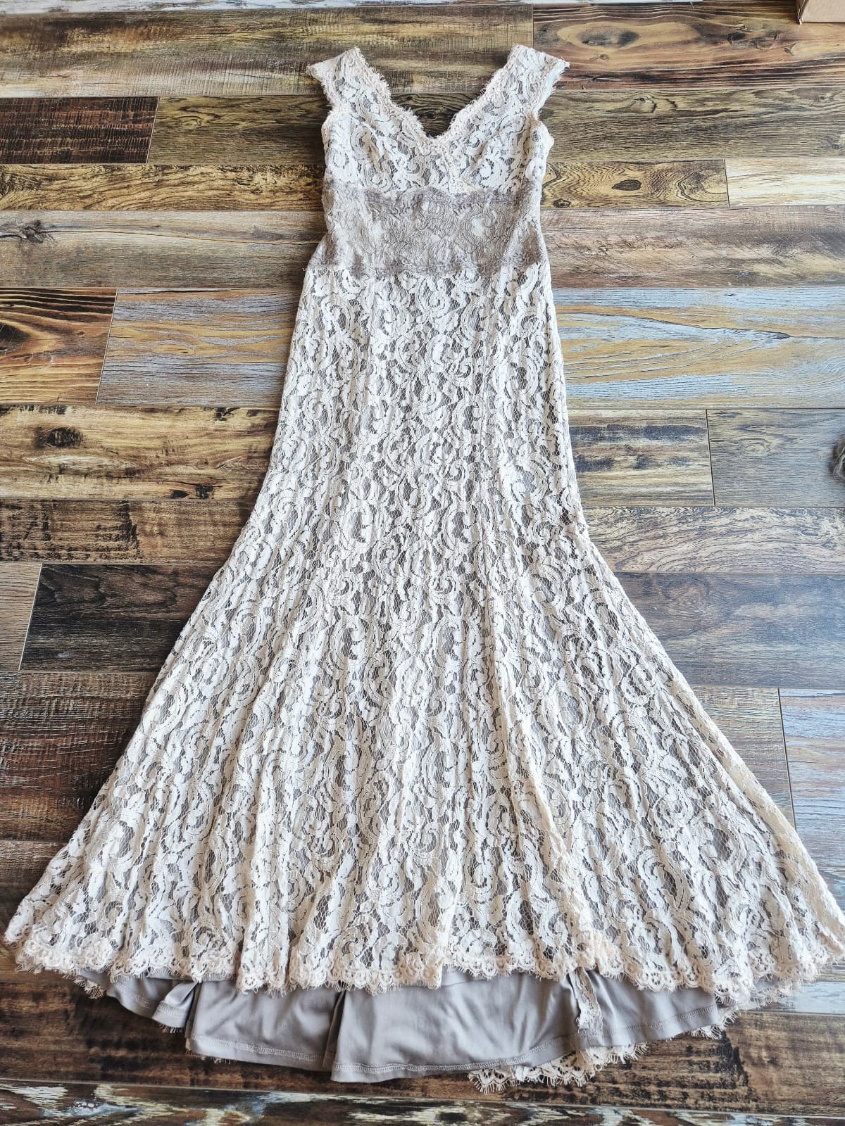 TADASHI SHOJI Embroidered Lace Formal Maxi Dress Gown Sleeveless Beige Womens 4P - Thumbnail 11