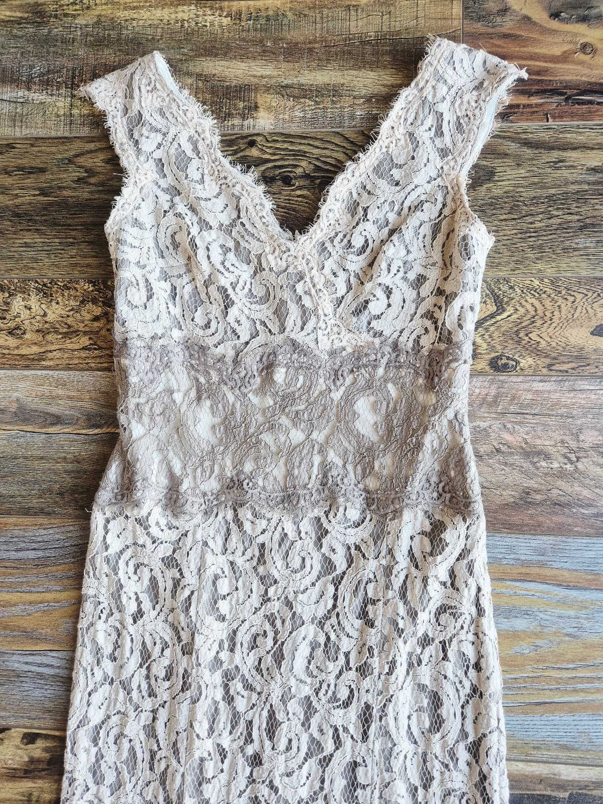 TADASHI SHOJI Embroidered Lace Formal Maxi Dress Gown Sleeveless Beige Womens 4P - Thumbnail 12