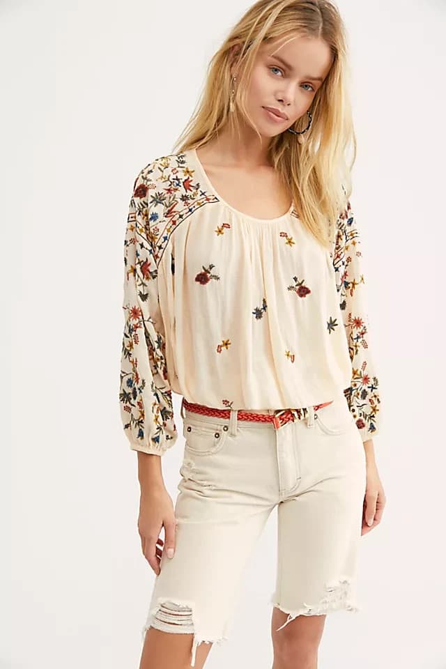 Free People Wild Flowers Embroidered Peasant Blouse 3/4 Sleeve Cream Size M - Thumbnail 2