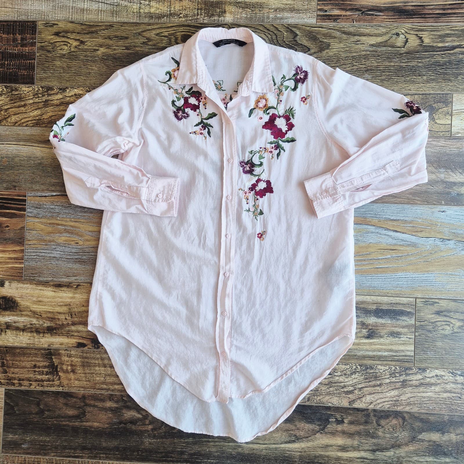 Zara Floral Embroidered Hi-Low Tunnic Button-Up Shirt Roll Tap Sleeve Pink Sz.XS - Thumbnail 5