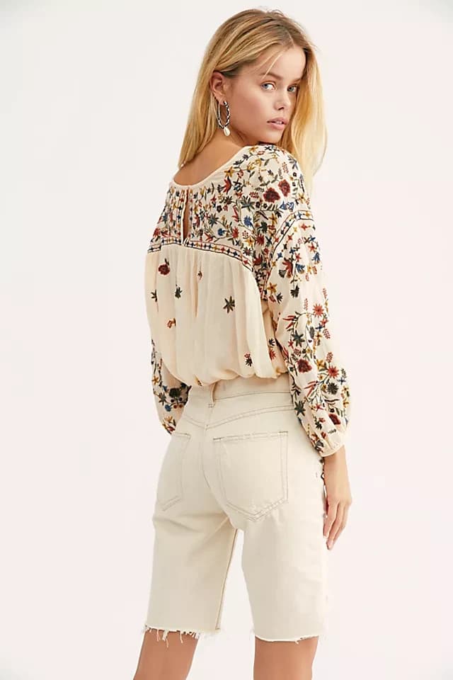 Free People Wild Flowers Embroidered Peasant Blouse 3/4 Sleeve Cream Size M - Thumbnail 7