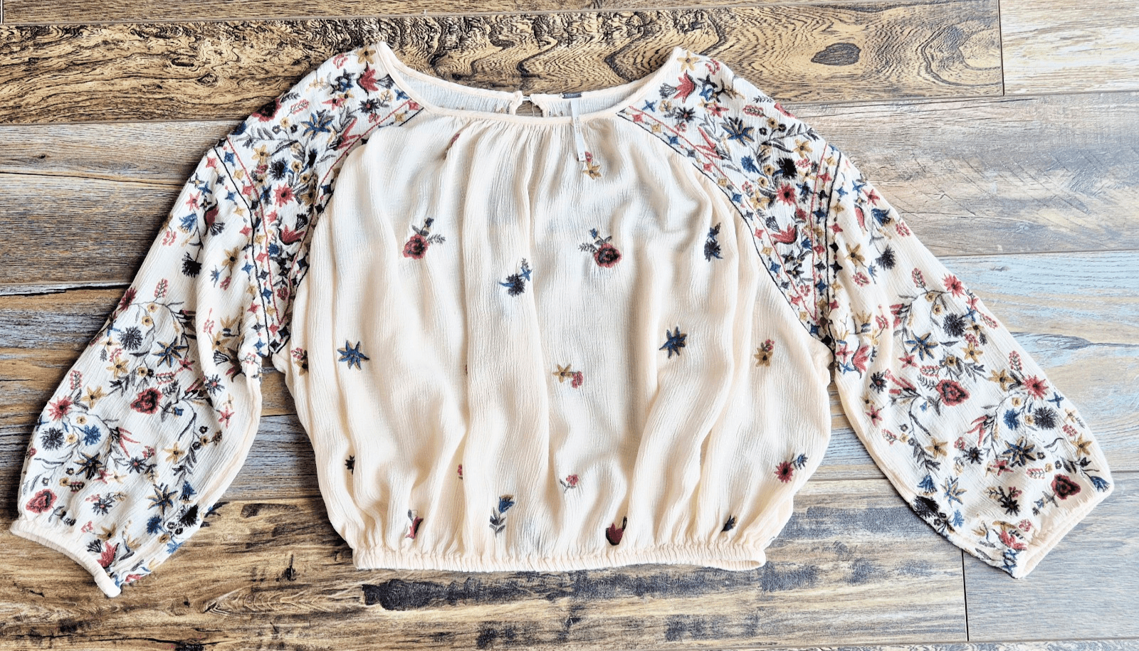 Free People Wild Flowers Embroidered Peasant Blouse 3/4 Sleeve Cream Size M - Thumbnail 8