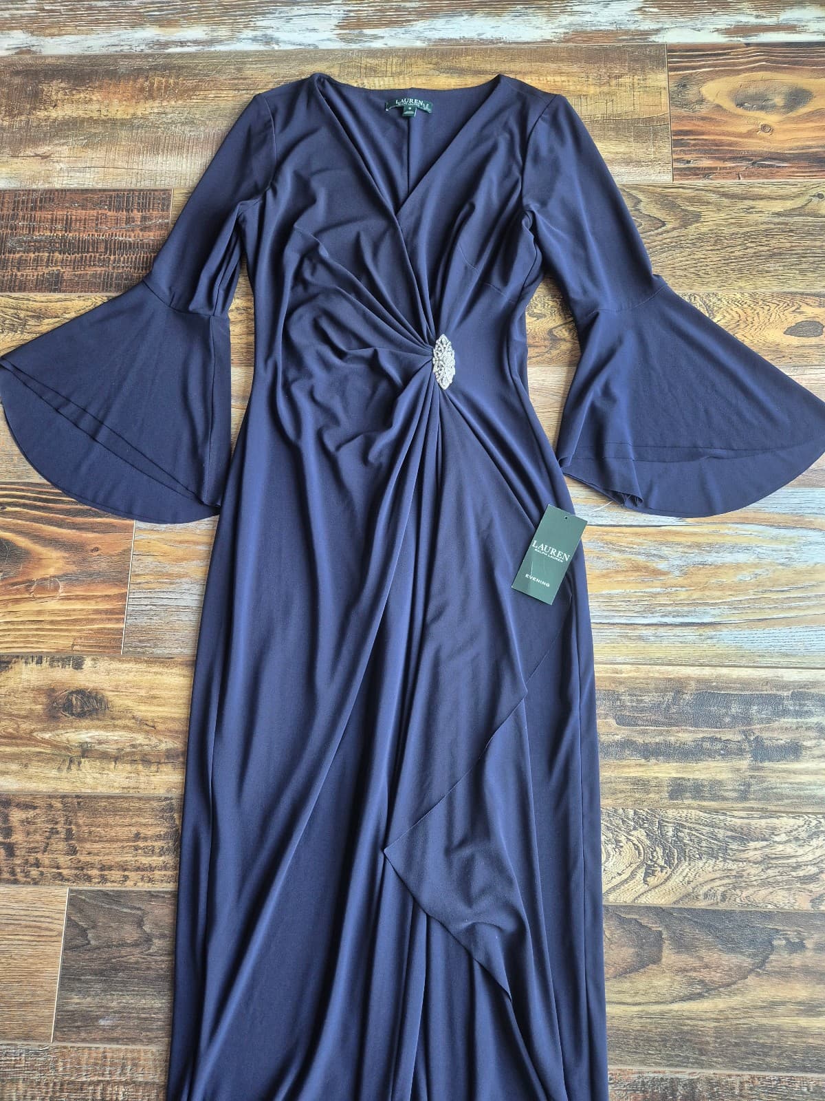 NEW Lauren Ralph Lauren Rhinestone Twist-Front Maxi Evening Gown JerseyNavy Sz.6 - Thumbnail 4