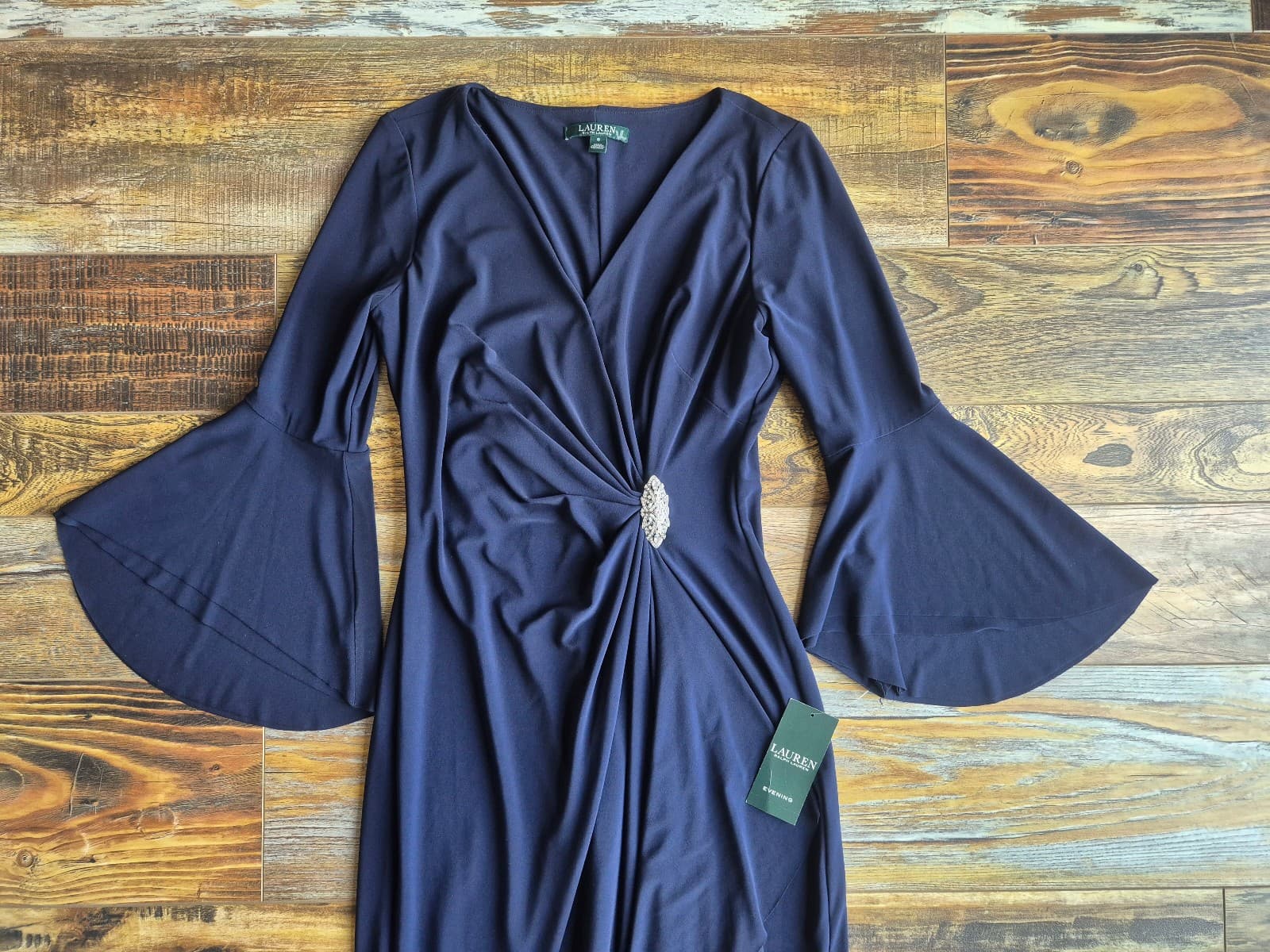 NEW Lauren Ralph Lauren Rhinestone Twist-Front Maxi Evening Gown JerseyNavy Sz.6 - Thumbnail 6