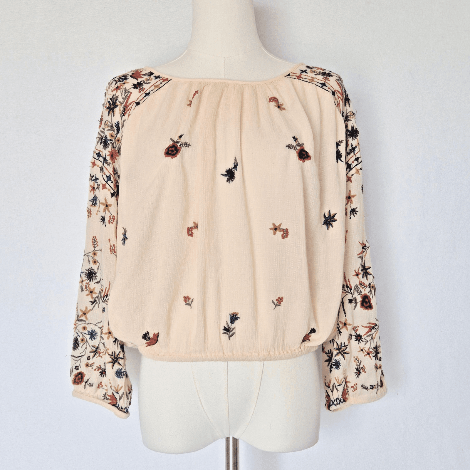 Free People Wild Flowers Embroidered Peasant Blouse 3/4 Sleeve Cream Size M - Thumbnail 3
