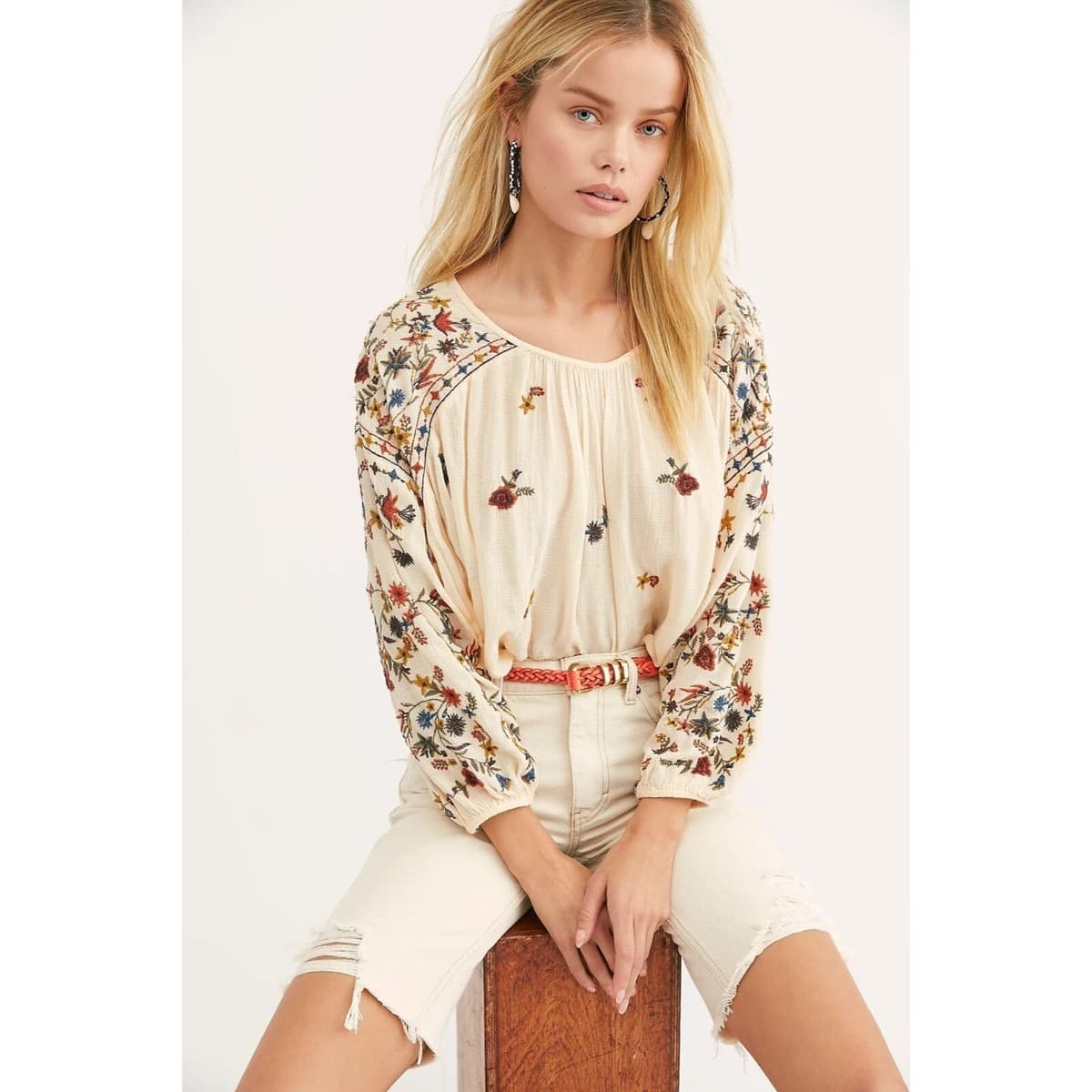 Free People Wild Flowers Embroidered Peasant Blouse 3/4 Sleeve Cream Size M - Thumbnail 4