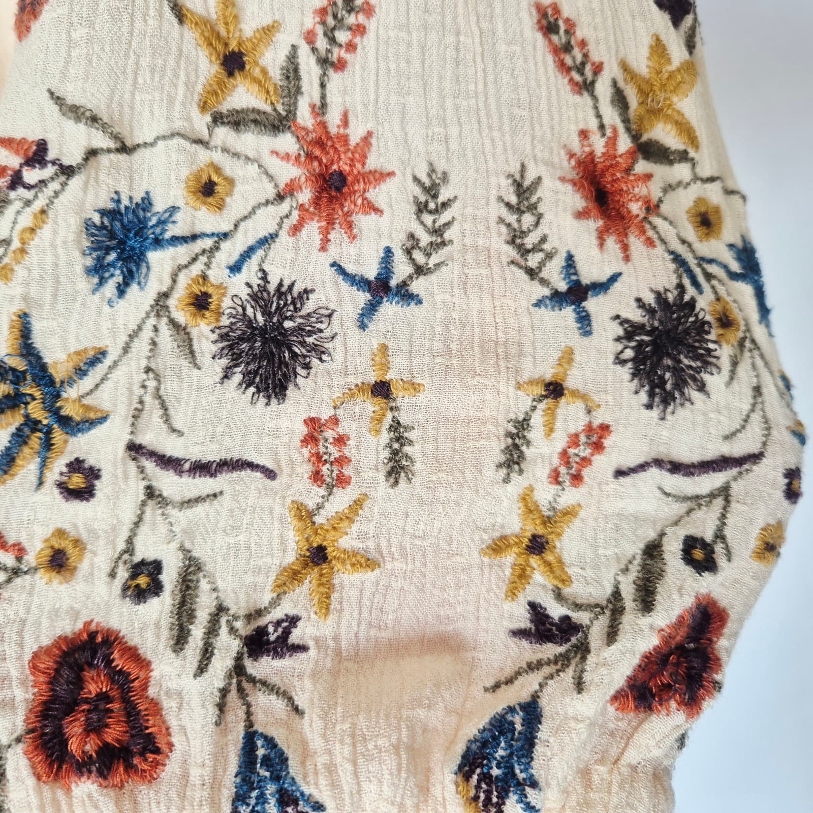 Free People Wild Flowers Embroidered Peasant Blouse 3/4 Sleeve Cream Size M - Thumbnail 5