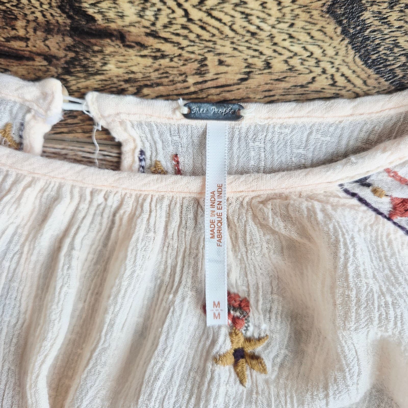 Free People Wild Flowers Embroidered Peasant Blouse 3/4 Sleeve Cream Size M - Thumbnail 9