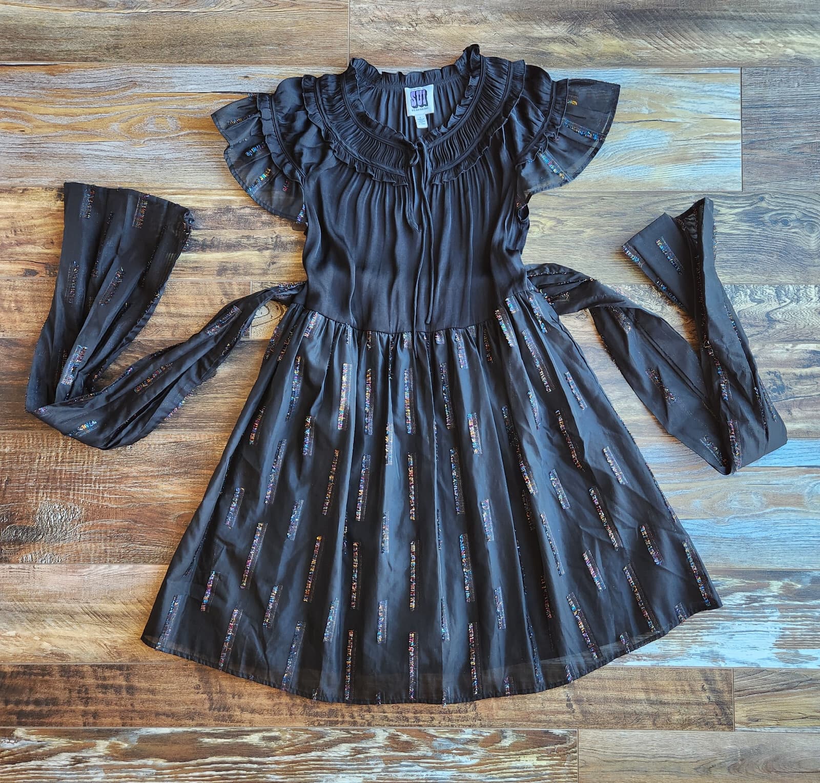 Sui by Anna Sui Cocktail Party Bow Midi Dress Fit-Flare Sheer-Fabric Black Sz.S - Thumbnail 9
