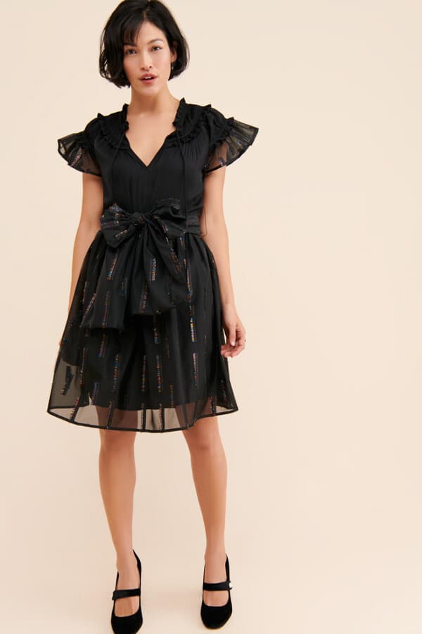 Sui by Anna Sui Cocktail Party Bow Midi Dress Fit-Flare Sheer-Fabric Black Sz.S - Thumbnail 5