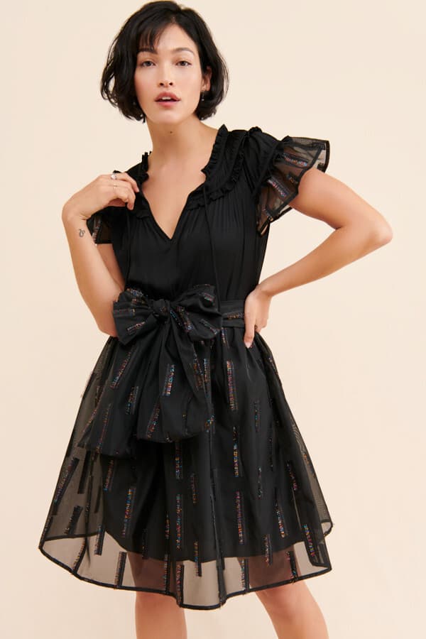 Sui by Anna Sui Cocktail Party Bow Midi Dress Fit-Flare Sheer-Fabric Black Sz.S - Thumbnail 4