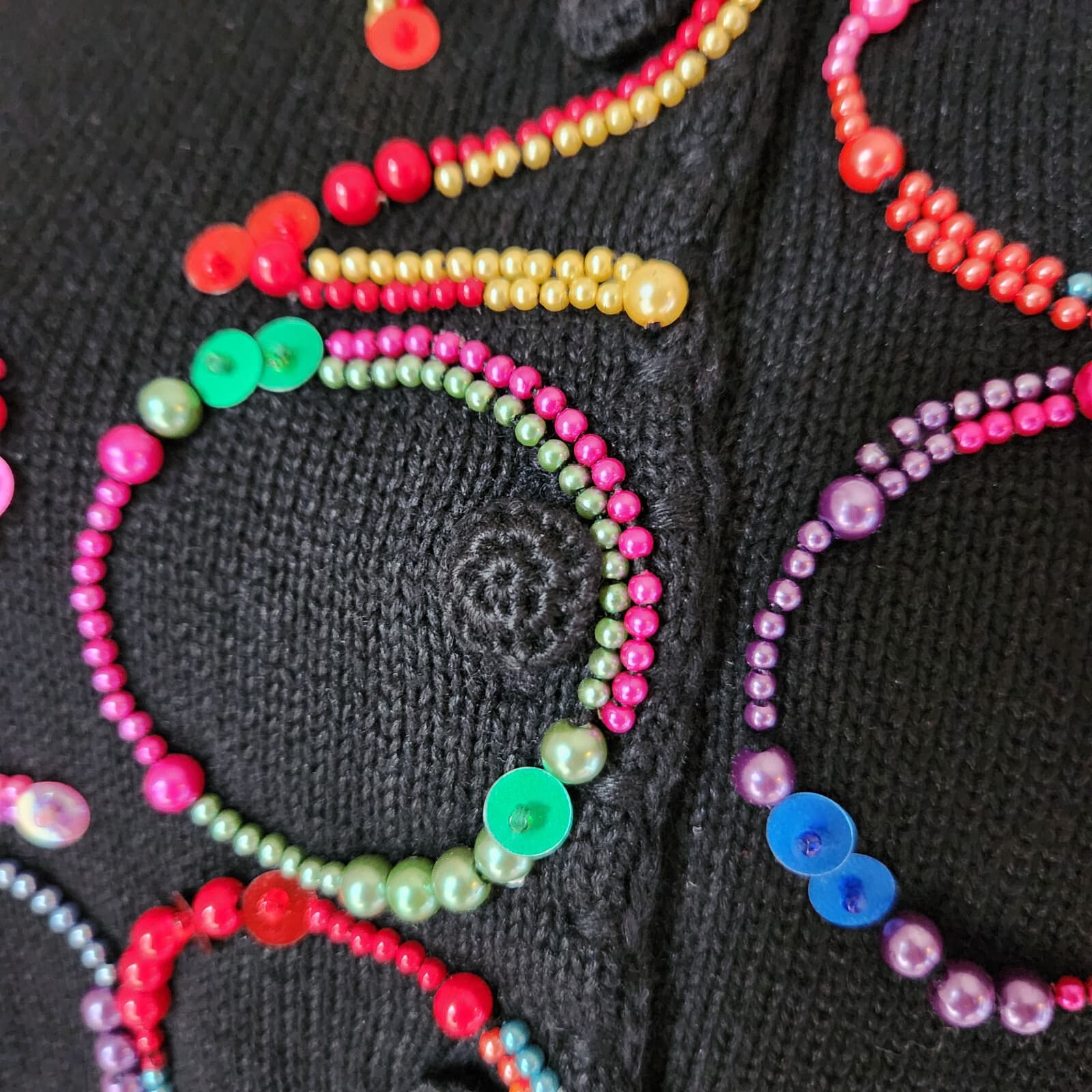 Vintage Y2K 2000 Michael Simon Beaded Cardigan Button Ramie Blend Black Womens S - Thumbnail 5