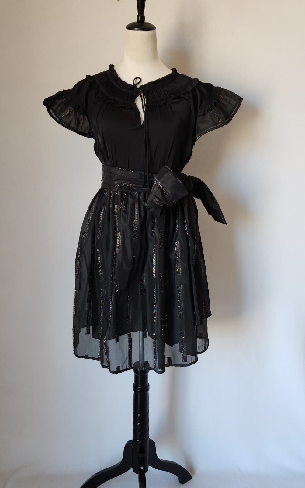 Sui by Anna Sui Cocktail Party Bow Midi Dress Fit-Flare Sheer-Fabric Black Sz.S - Thumbnail 2