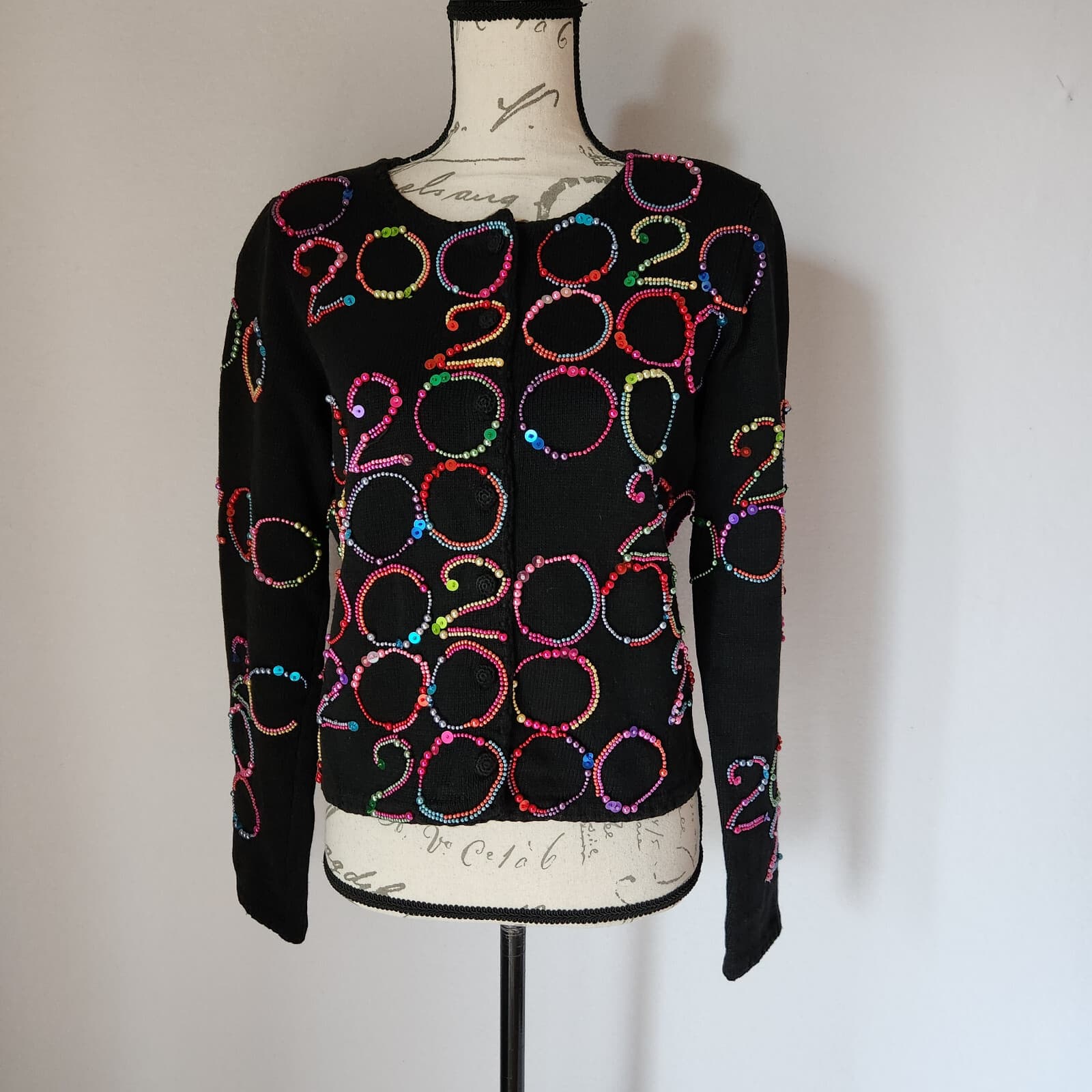 Vintage Y2K 2000 Michael Simon Beaded Cardigan Button Ramie Blend Black Womens S - Thumbnail 2