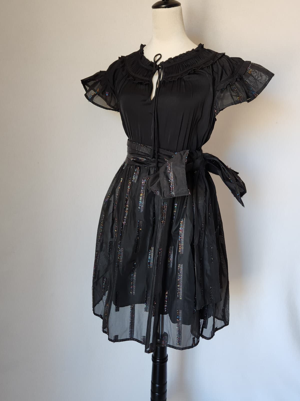 Sui by Anna Sui Cocktail Party Bow Midi Dress Fit-Flare Sheer-Fabric Black Sz.S