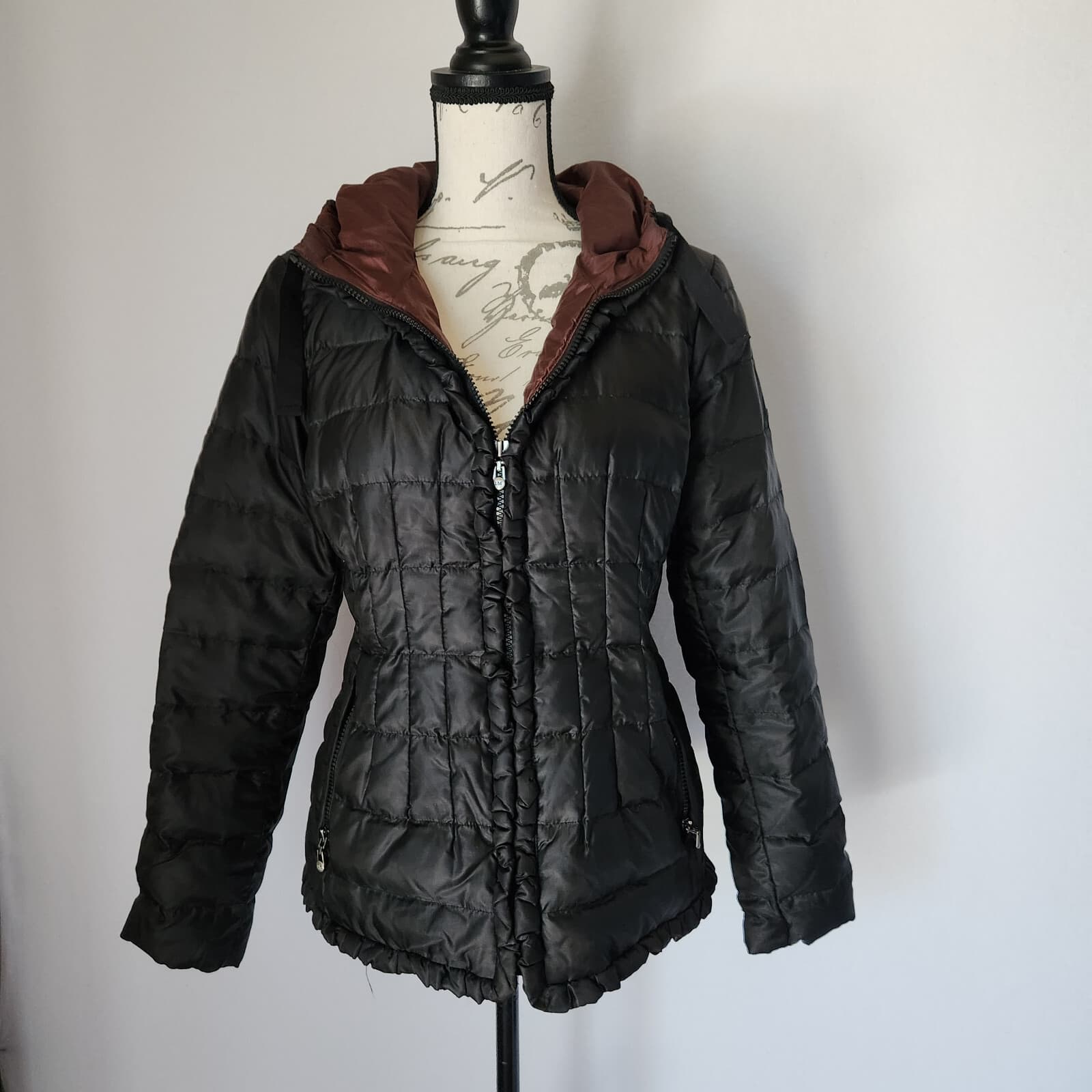 I Madison Expedition Down Puffer Hooded Jacket Ruffle Zip Black Women's S - Thumbnail 5