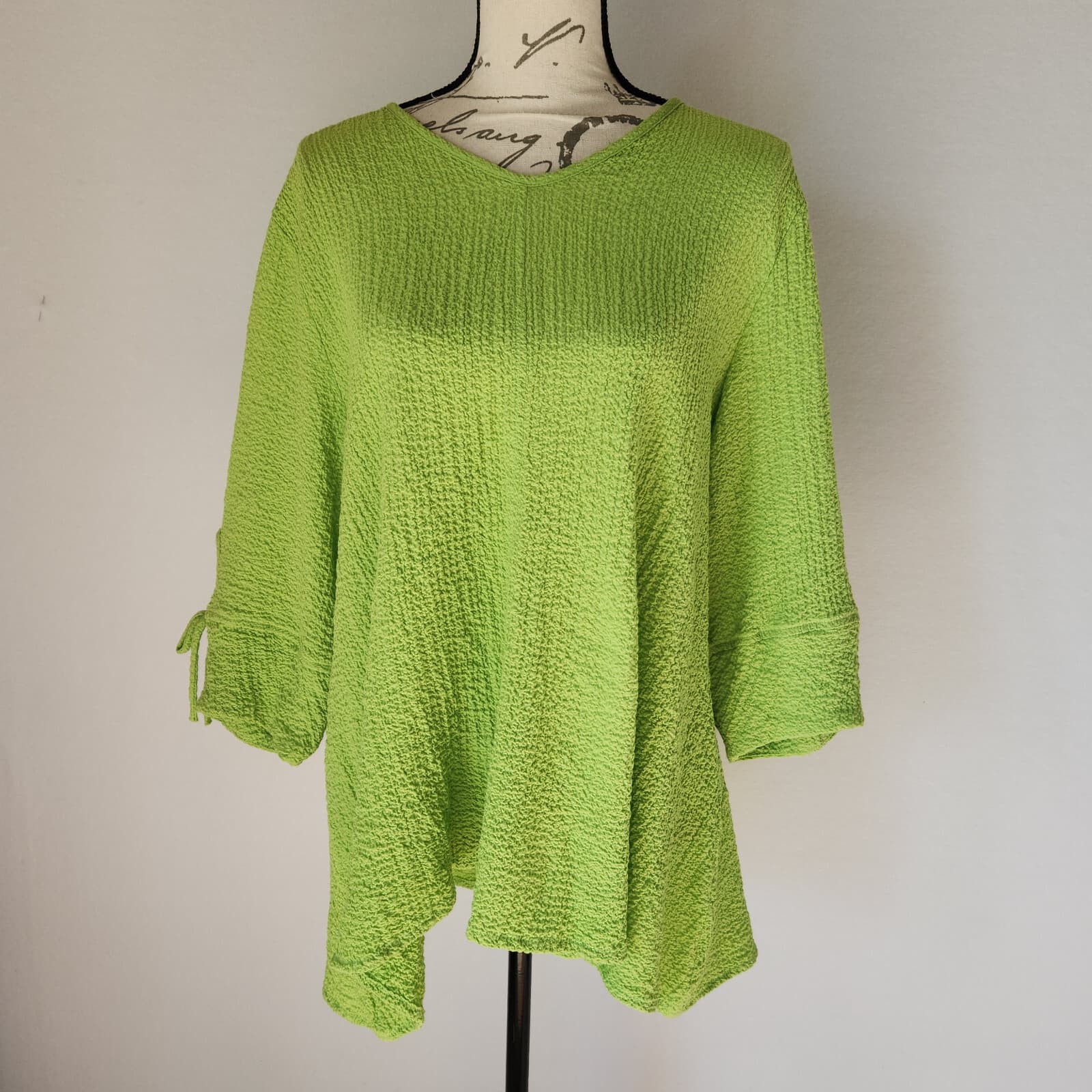 Yushi Lagenlook Stretch Gauze Tunic Blouse 3/4 Sleeve Neon-Green Women Bust 46" - Thumbnail 2