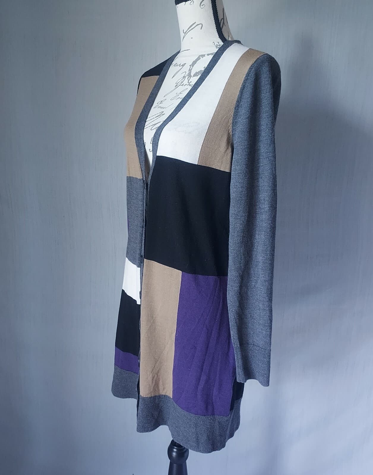 ETCETERA 100% Merino Wool Long Cardigan Button Color Block V-Neck Women Large - Thumbnail 4