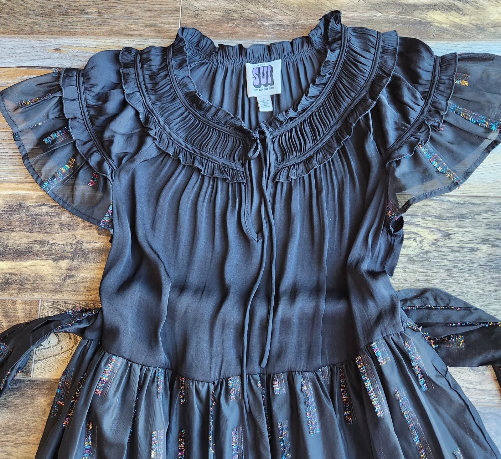 Sui by Anna Sui Cocktail Party Bow Midi Dress Fit-Flare Sheer-Fabric Black Sz.S - Thumbnail 12