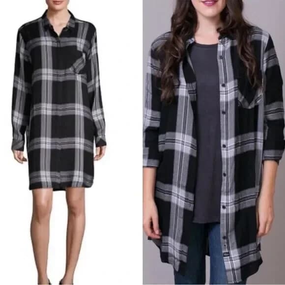 Rails Sawyer Plaid Flannel Mini Shirt Dress Long Sleeve Pocket Black Cinda Sz.M - Thumbnail 3